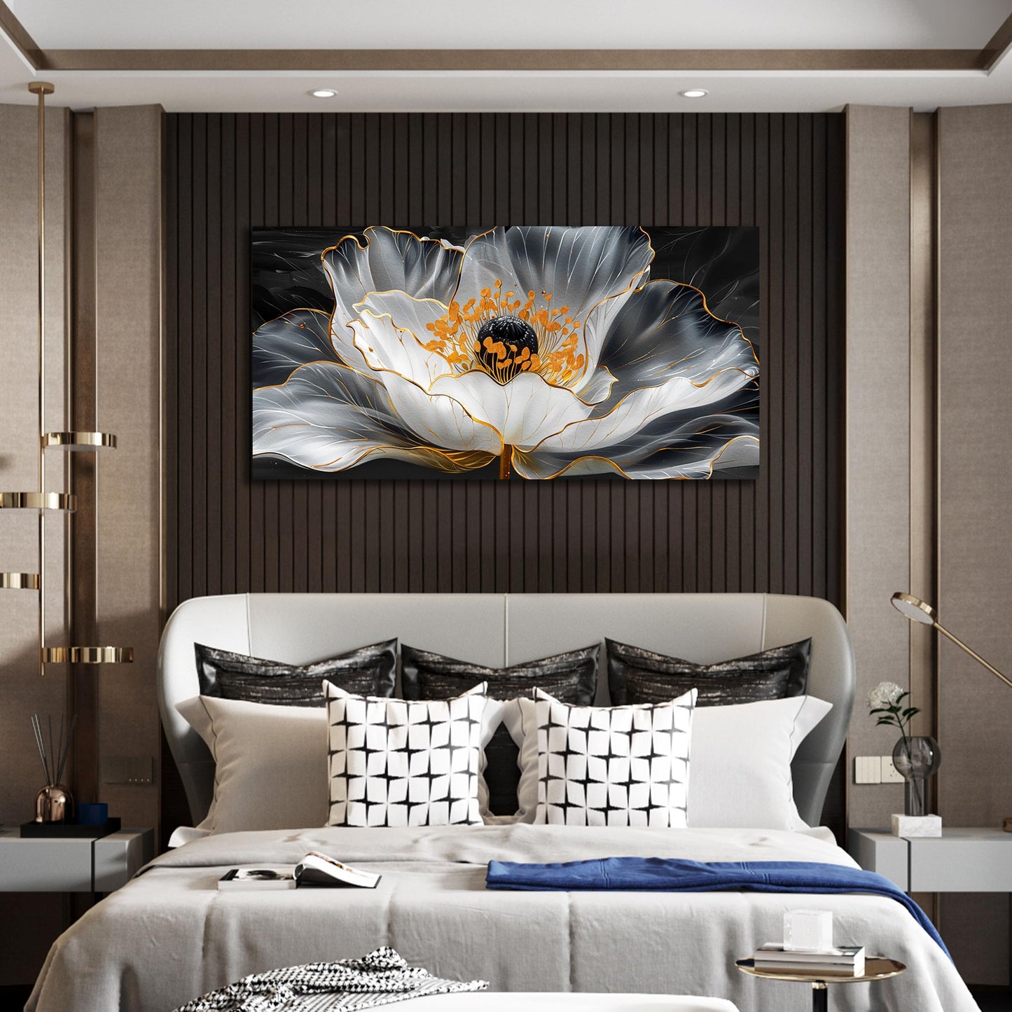 Gold Wall Art White Wall Pictures Beautiful Flower Wall Decorations for Living Room Black Artwork 24"x48" Art for Home Office