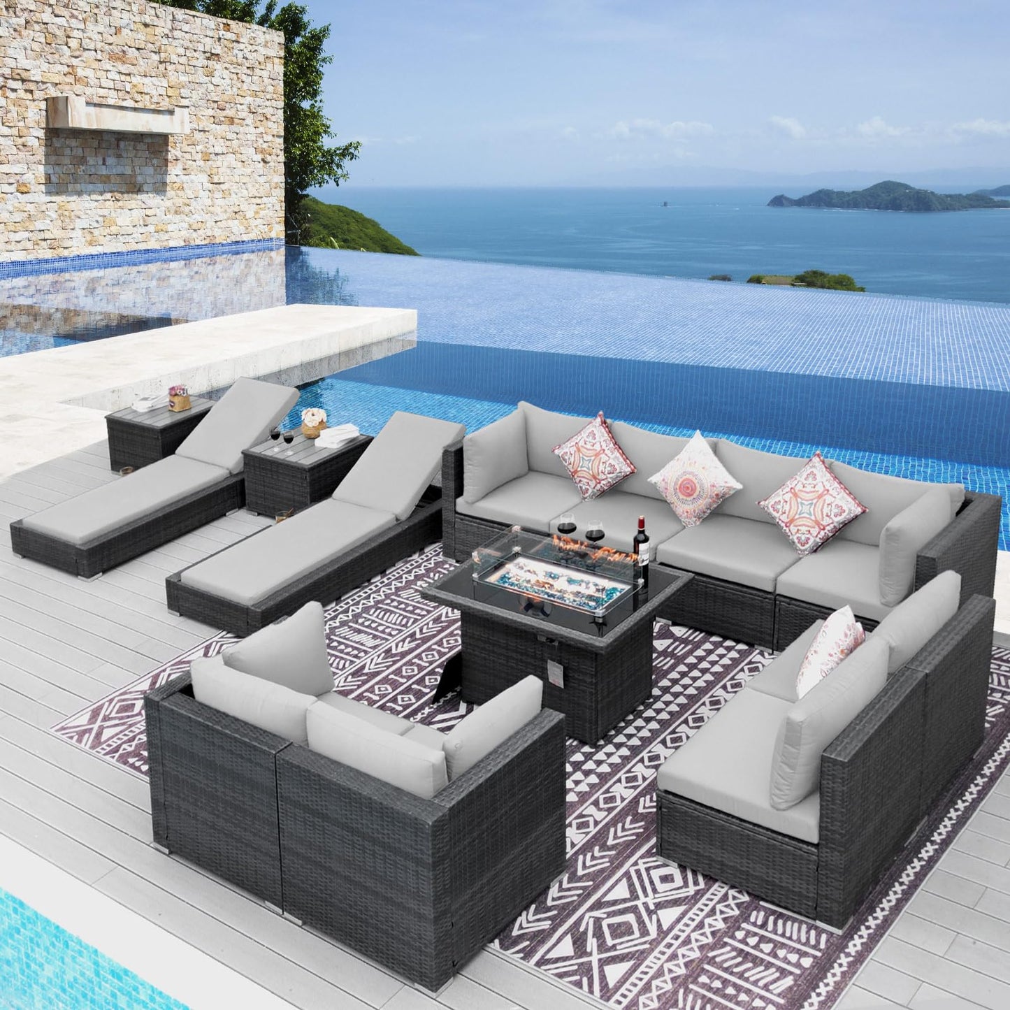 NICESOUL® 13-teiliges großes Luxus-Sofaset für die Terrasse mit Feuerstelle für Erdgas/Propan, 74 cm hohe Rückenlehne, Garten-Sitzgruppe, Gartensofa aus PE-Rattan, dunkelgrau 