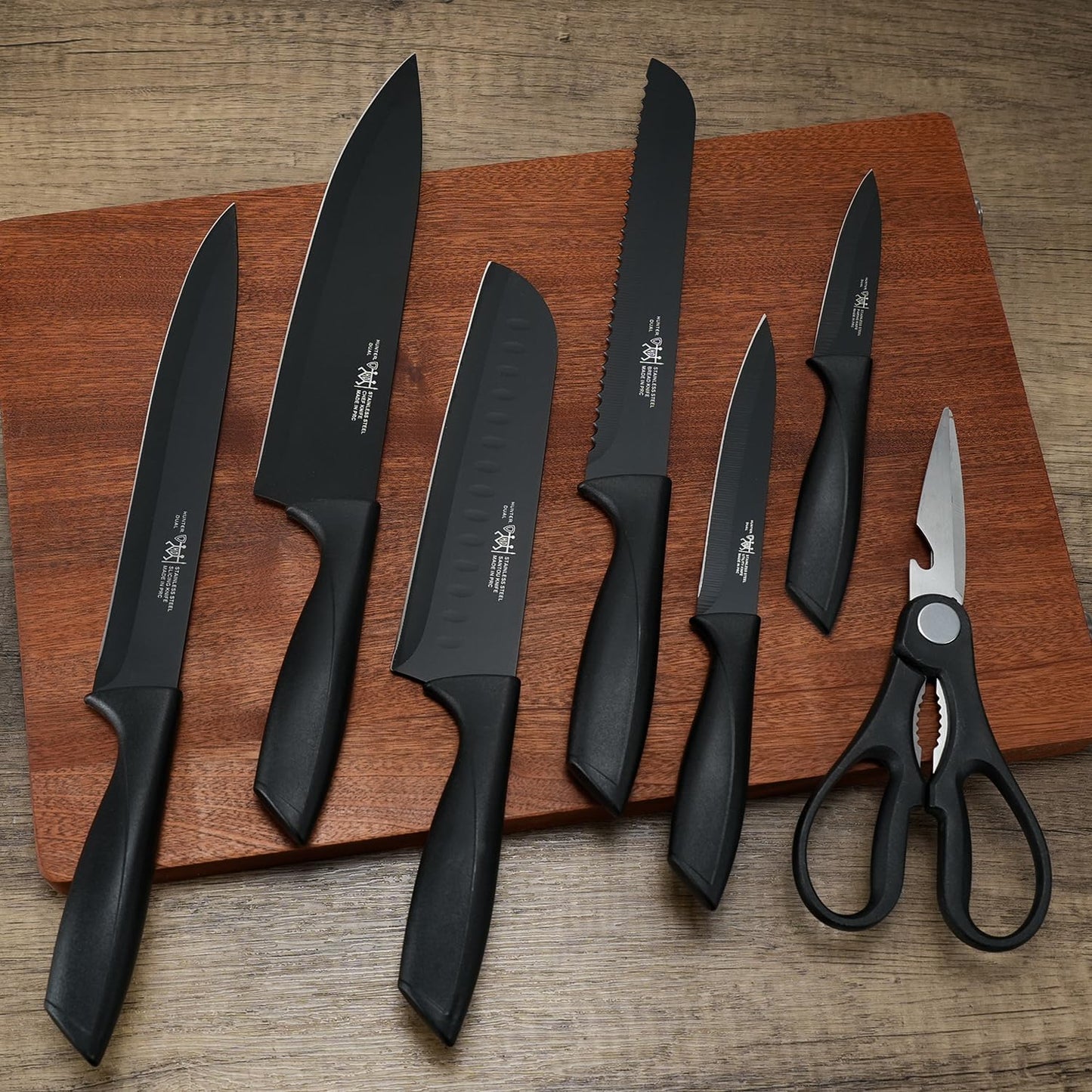 Knife Set, HUNTER.DUAL 8-Piece Kitchen Knife Set for Chef, Sharp Knife Set with Universal Knife Block, Anti-Rust Kitchen Knife Block Set, Ergonomical Design (Black)