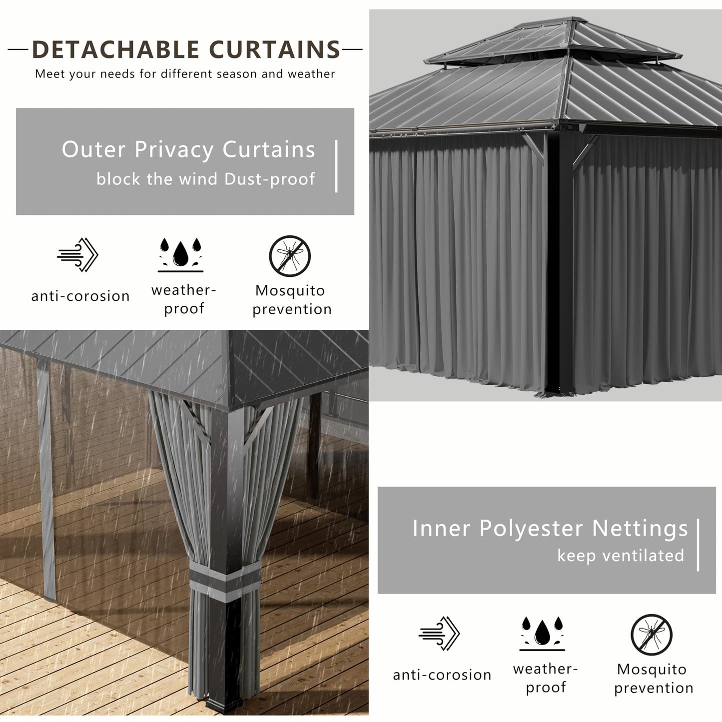 12x20ft Hardtop Gazebo Double Roof, Outdoor Pavilion with 2-Layer Hard top Galvanized Iron Frame Garden Tent, Suitable for courtyards, backyards, Decks, and Grass