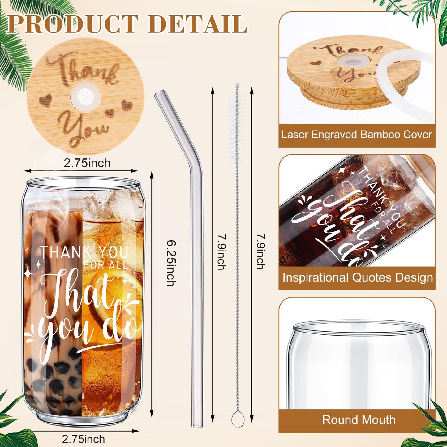 Tioncy 8 Pcs Team Gifts for Employees Thank You Gifts Teacher Staff Appreciation Gifts 16oz Can Shaped Beer Glass with Bamboo Lids Straws Brushes Drinking Glass Cups for Women Men Coworkers Member