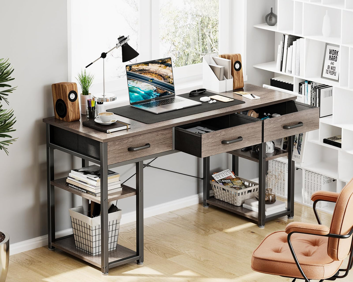 Bureau d'ordinateur de petite taille ODK : table de maison avec tiroirs en tissu et étagères de rangement, bureau d'écriture moderne, noir, 48"x16" 