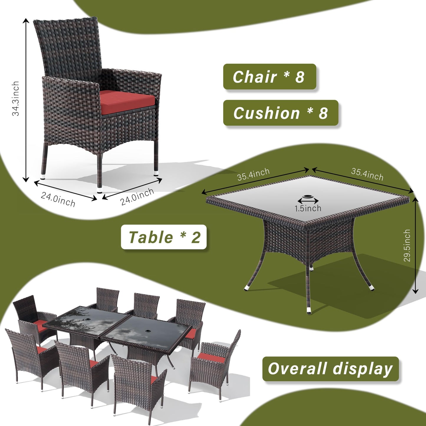 Ensemble de salle à manger de patio 15 pièces Meubles d'extérieur en rotin Ensemble de salle à manger avec 3 plateaux de table carrés en verre 12 chaises avec coussins bleu marine pour patio, arrière-cour, cuisine extérieure, pelouse et jardin 