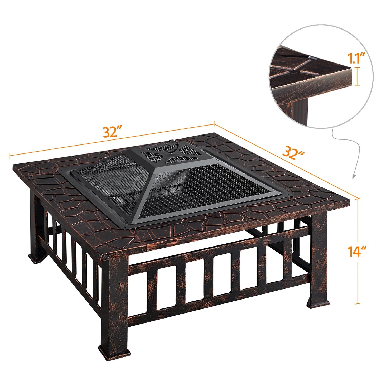 Yaheetech 32 Zoll große Feuerstelle für den Außenbereich, quadratischer Tisch, Gartenofen für Hinterhof, Terrasse, Holzfeuerstelle mit Funkenschutz, Schürhaken und Abdeckung 