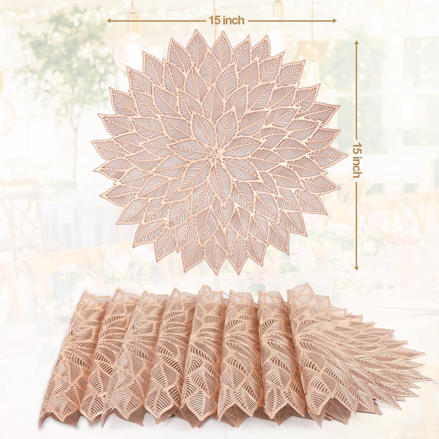 Placemats Set of 6, Round Hollow Out Flowers Place Mats for Dining Table Pressed Vinyl Blooming Leaf Table Mats for Holiday Party Wedding Accent Centerpiece Dinner Table Decoration (Gold)