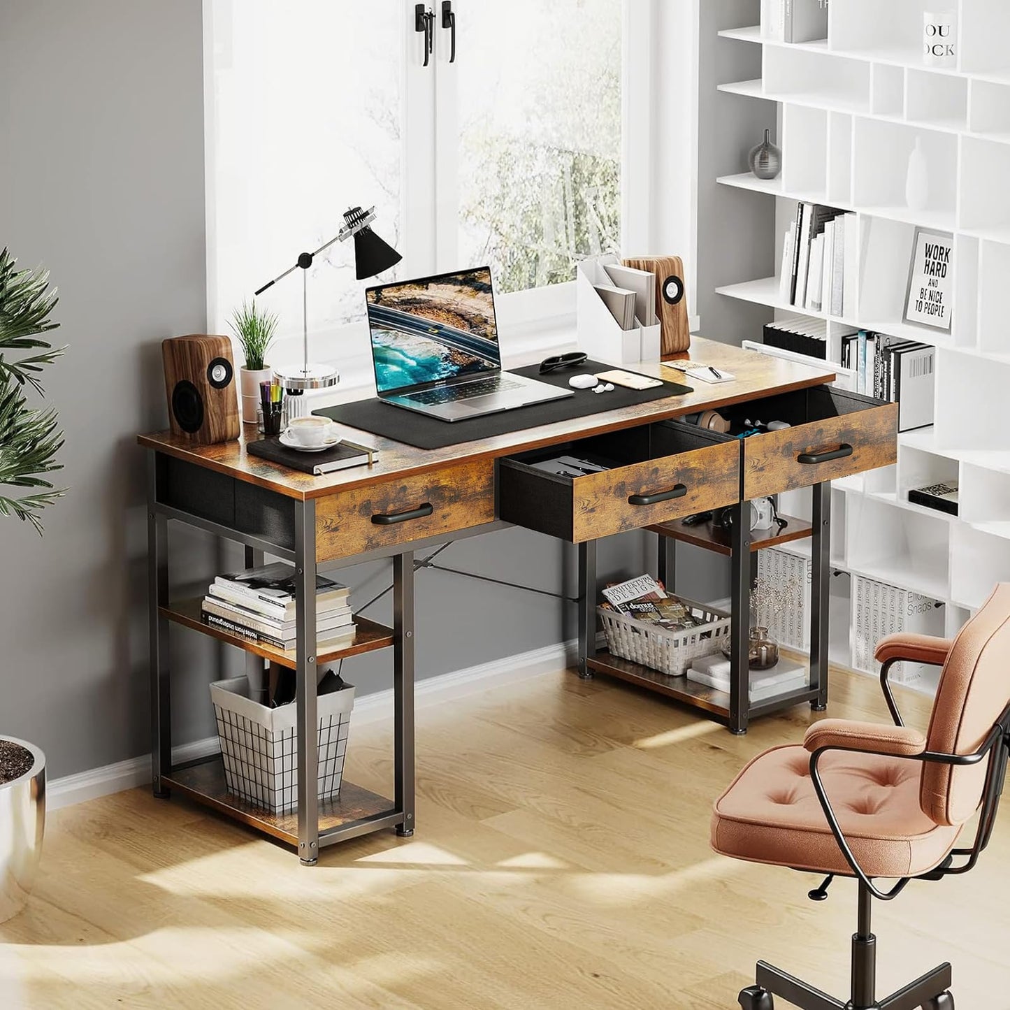 Bureau d'ordinateur de petite taille ODK : table de maison avec tiroirs en tissu et étagères de rangement, bureau d'écriture moderne, noir, 48"x16" 