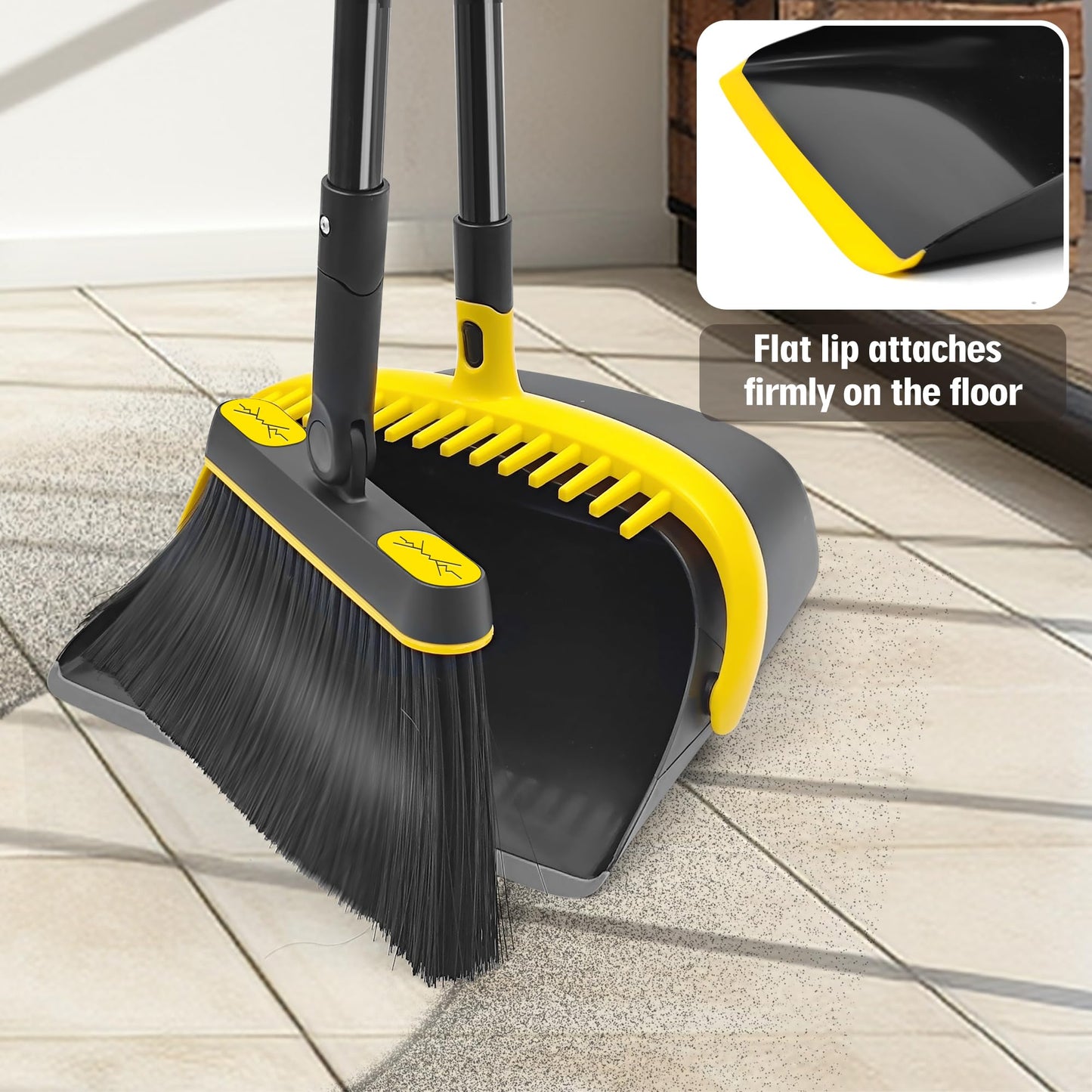 JEHONN Broom and Dust Pan, 54.3 inches Long Handle Swivel Brush, Upright Foldable Dustpan with Comb Teeth for Home Kitchen Lobby Indoor Floor Cleaning (Black & Gray)