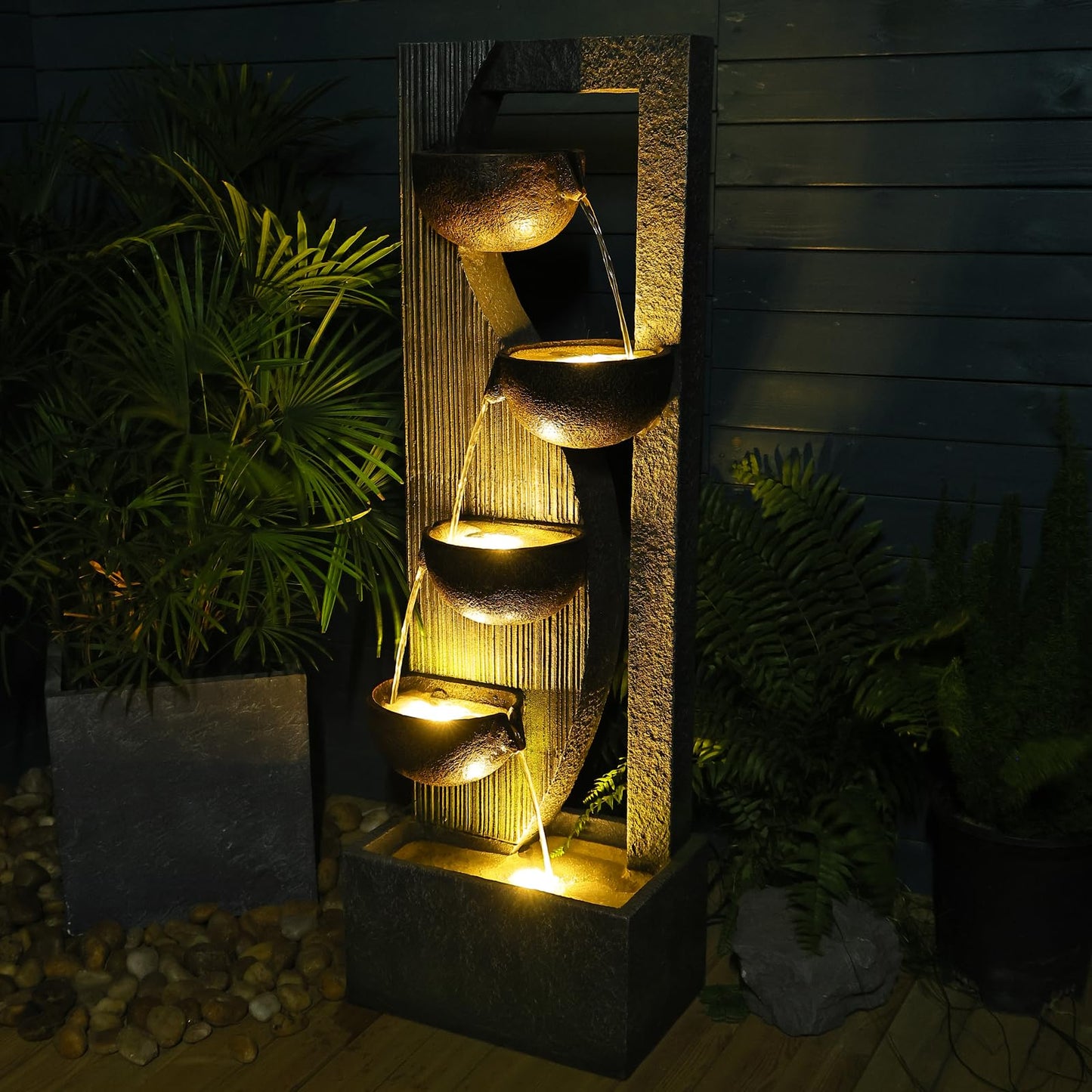 Fontaine à eau extérieure Fontaine à cascade circulaire élégante Fontaine à eau sur pied intérieure avec lumières LED, pompe pour jardin, salon, terrasse, hauteur de 38 pouces 