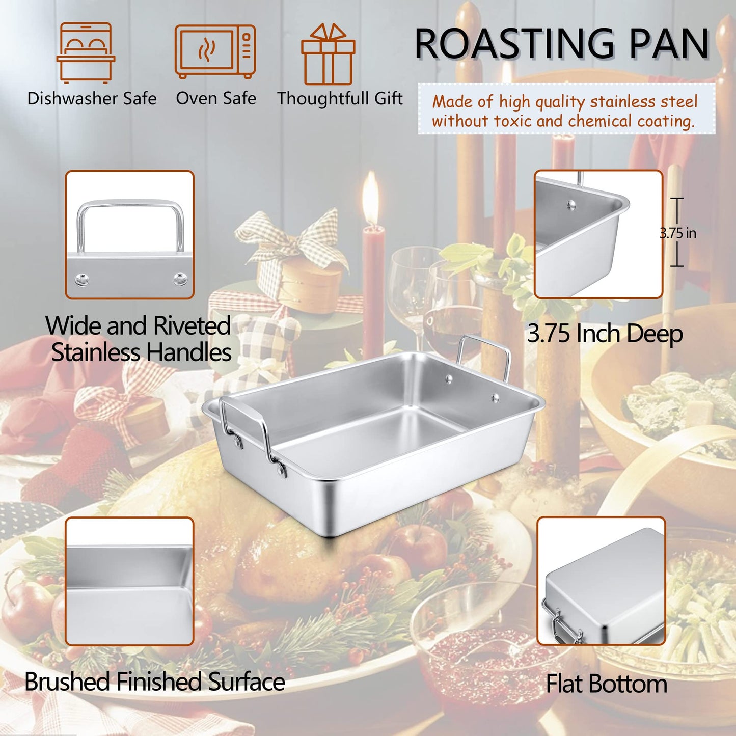 Lot de 3 rôtissoires de 15,3 pouces avec grille (lèchefrite profonde, grille en V et grille de refroidissement plate), rôtissoire en acier inoxydable Herogo pour Thanksgiving et Noël, lavable au lave-vaisselle 