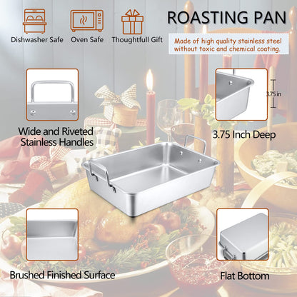 Herogo 15.3-Inch Stainless Steel Roasting Pan with Rack – 3-Piece Set Includes Deep Pan, V-Rack & Cooling