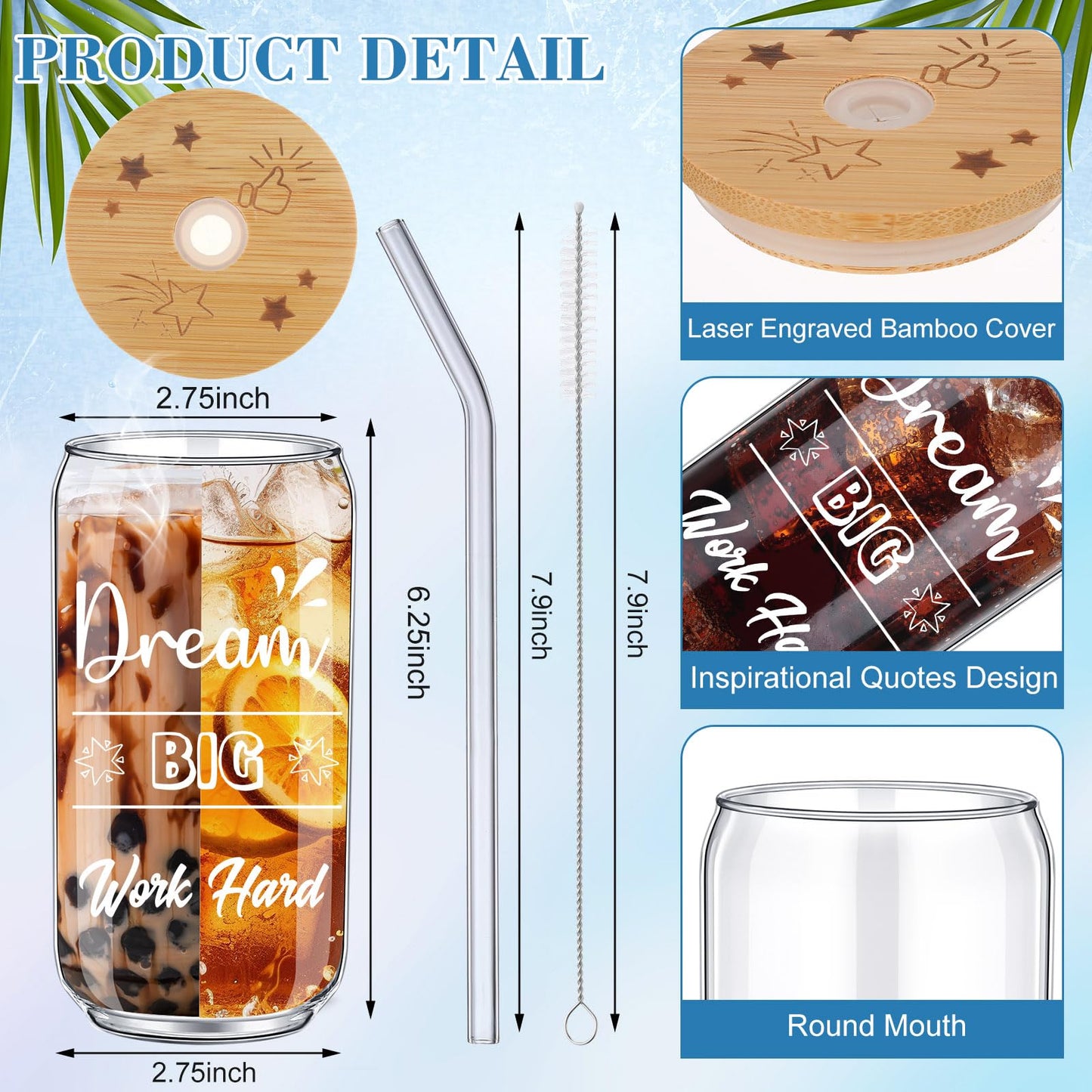 Tioncy 8 Pcs Team Gifts for Employees Thank You Gifts Teacher Staff Appreciation Gifts 16oz Can Shaped Beer Glass with Bamboo Lids Straws Brushes Drinking Glass Cups for Women Men Coworkers Member