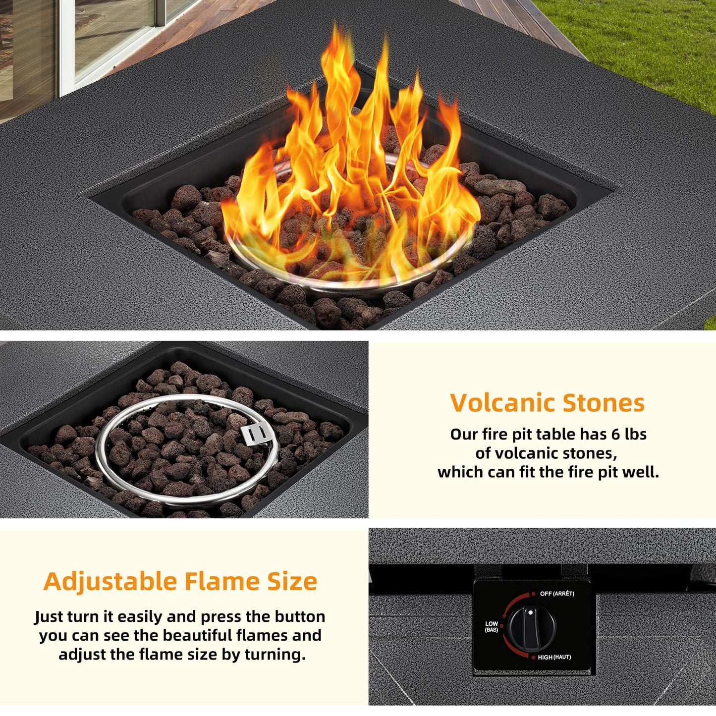 Xbeauty Fire Pit Propane Gas FirePit Table 43" Outdoor Fire Pit Rectangular Tabletop with Lid, Rain Cover, for Outside Garden Backyard Deck Patio