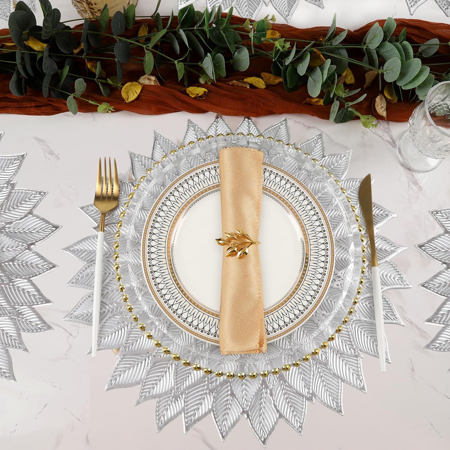 Placemats Set of 6, Round Hollow Out Flowers Place Mats for Dining Table Pressed Vinyl Blooming Leaf Table Mats for Holiday Party Wedding Accent Centerpiece Dinner Table Decoration (Gold)