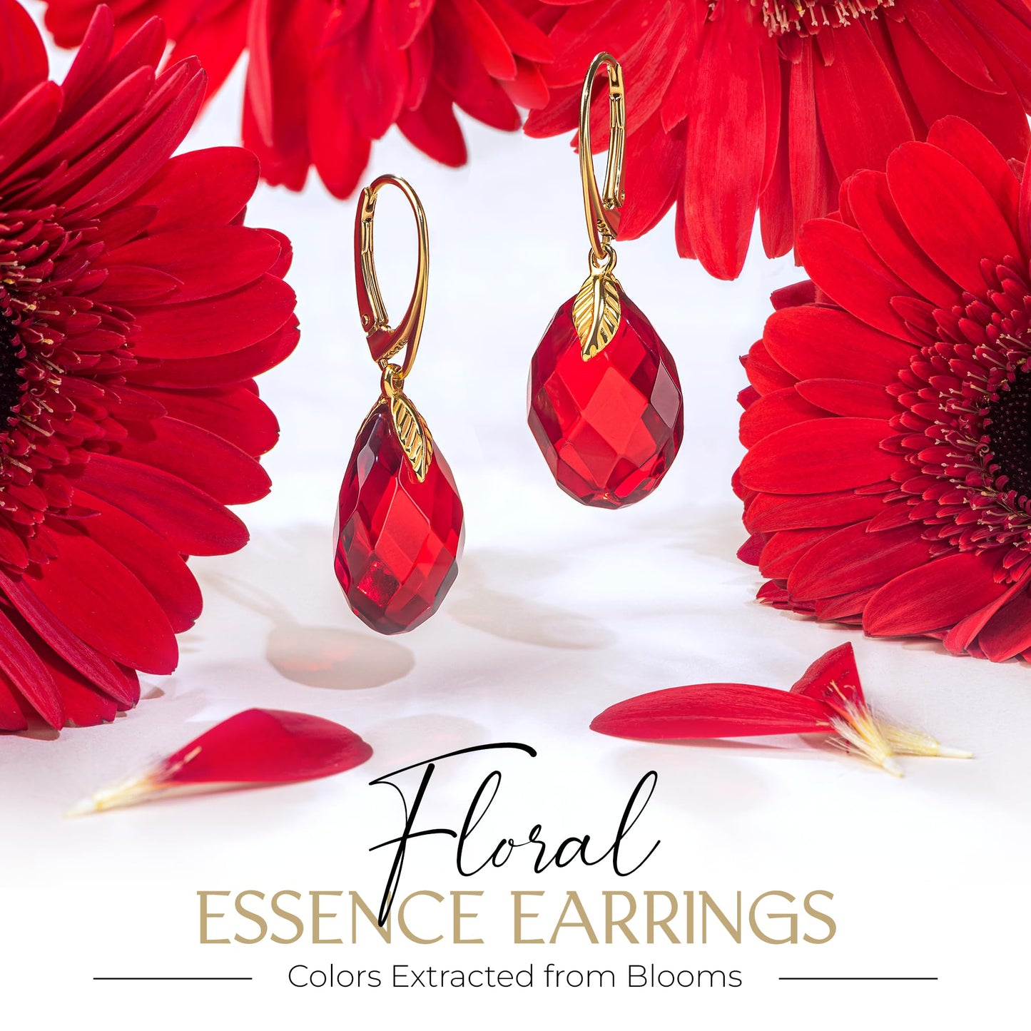 Red Earrings for Women - Gold Plated Silver Leaf Fitting and Closure, Lightweight Edgy Semi-Precious Stone Jewelry for Ladies, Garnet Red Amber Crystal Earrings