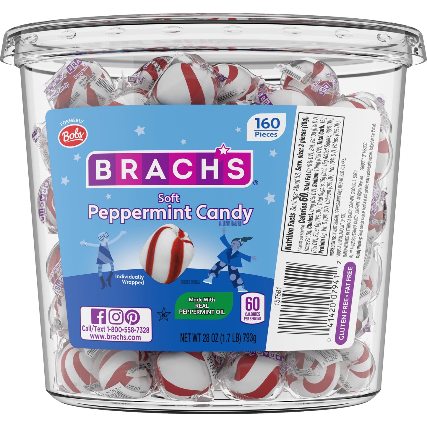 Brach's Bobs Sweet Stripes Soft Peppermint Candy, Individually Wrapped Pieces, 3.9 lb Tub (350 Count)