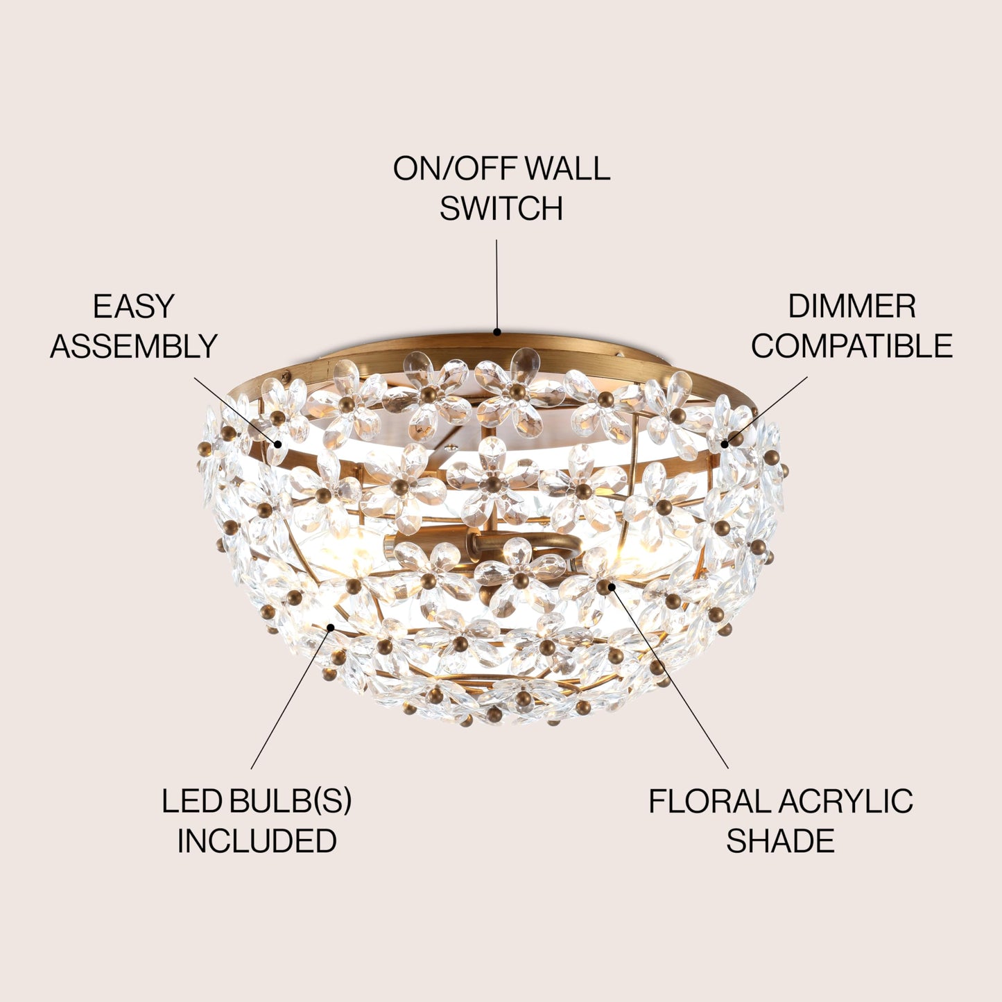 JONATHAN Y JYL9043A Isabelle 15.5" Metal/Acrylic LED Flush Mount Traditional,Glam,FrenchCountry,Cottage Dimmable, 2700K Cozy Warm Light, for Kitchen,Hallway,Bathroom,Stairwell, AntiqueGold