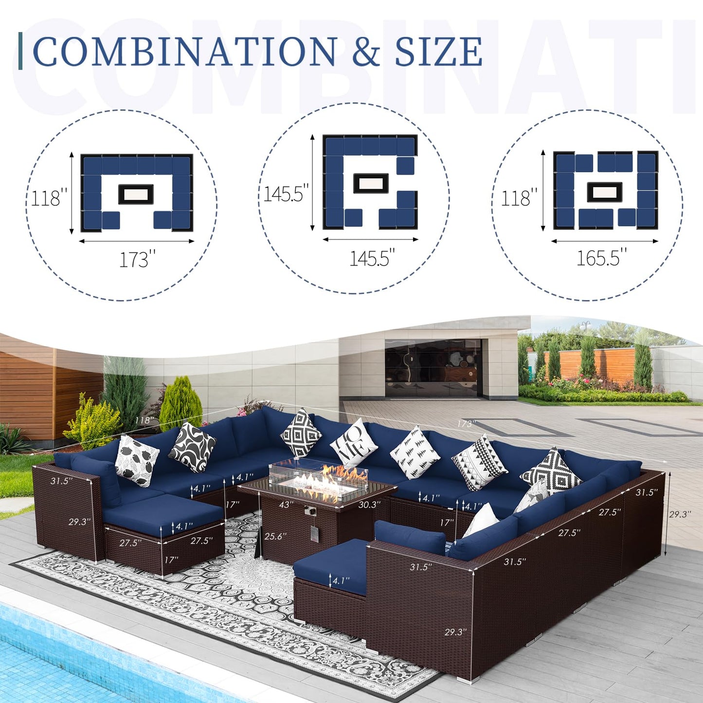 NICESOUL® 13 Piece Luxury Large Patio Furniture Sofa Set with Natural Gas/Propane Fire Pit Table, 29.3" High Back Outdoor Conversation Set, Outside PE Rattan Sectional Sofa, Dark Gray