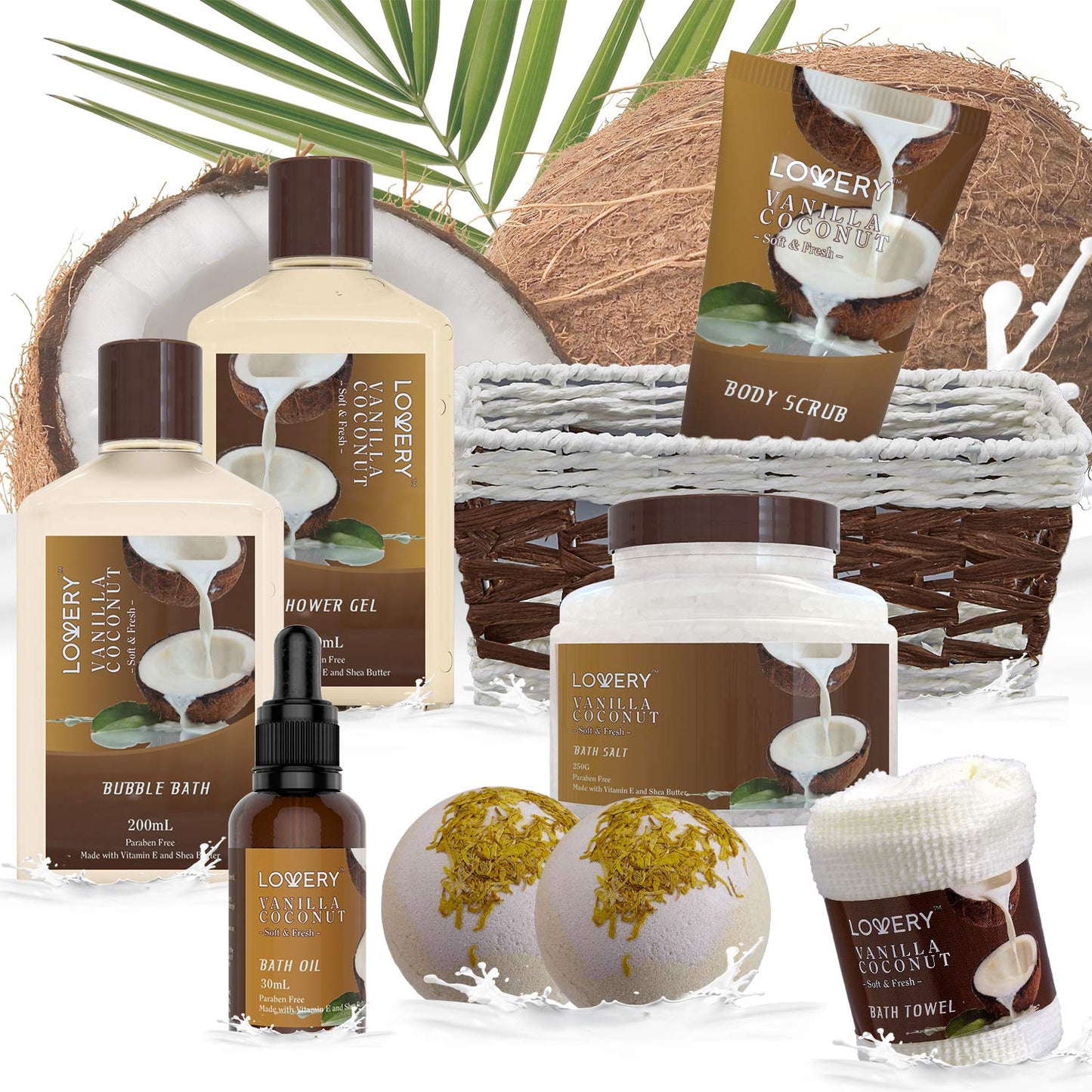 Geschenkkorb für Bad und Körper für Frauen und Männer – 9-teiliges Vanilla Coconut Home Spa Set, inklusive duftender Lotionen, extragroßer Badebomben, Kokosnussöl, luxuriösem Badetuch und mehr 