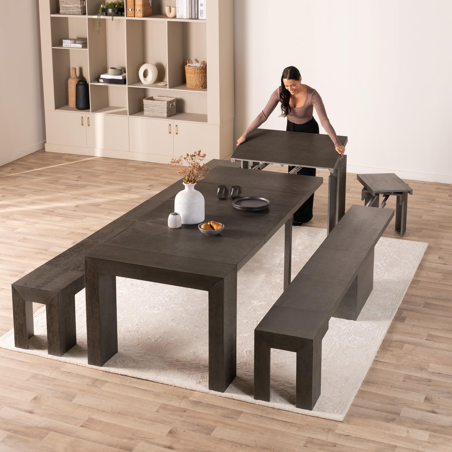 Transformer Table Dining Table Set for 4 to 12, Extendable Wood Dining Table with Expandable Bench, Small Space Furniture, Kitchen Table Set (Dark Grey, Table + Bench)