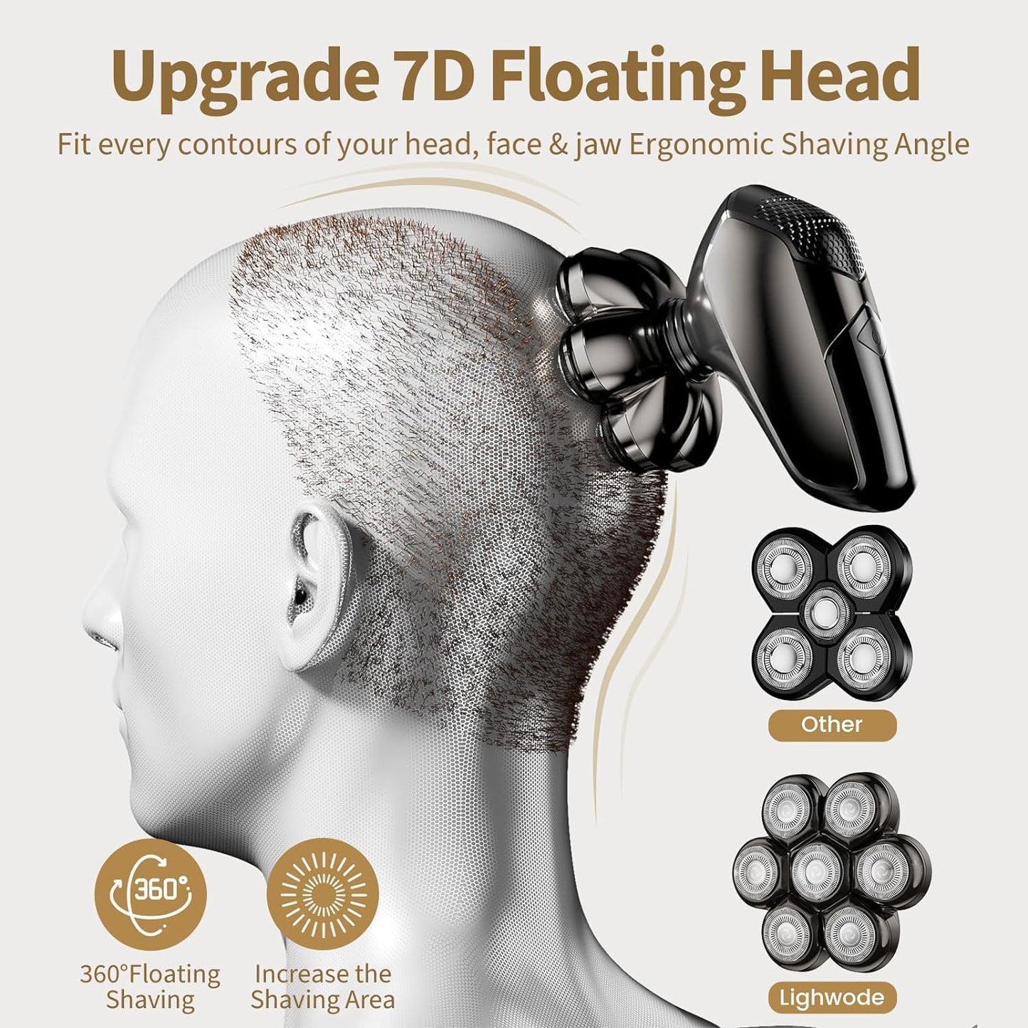 Detachable Head Shavers, SHPAVVER 5 in 1 Electric Razor IPX7 Waterproof for Bald Men, Wet Dry LED Display Rechargeable 7D Rotary Shaver Grooming Kit with Type C Charge A