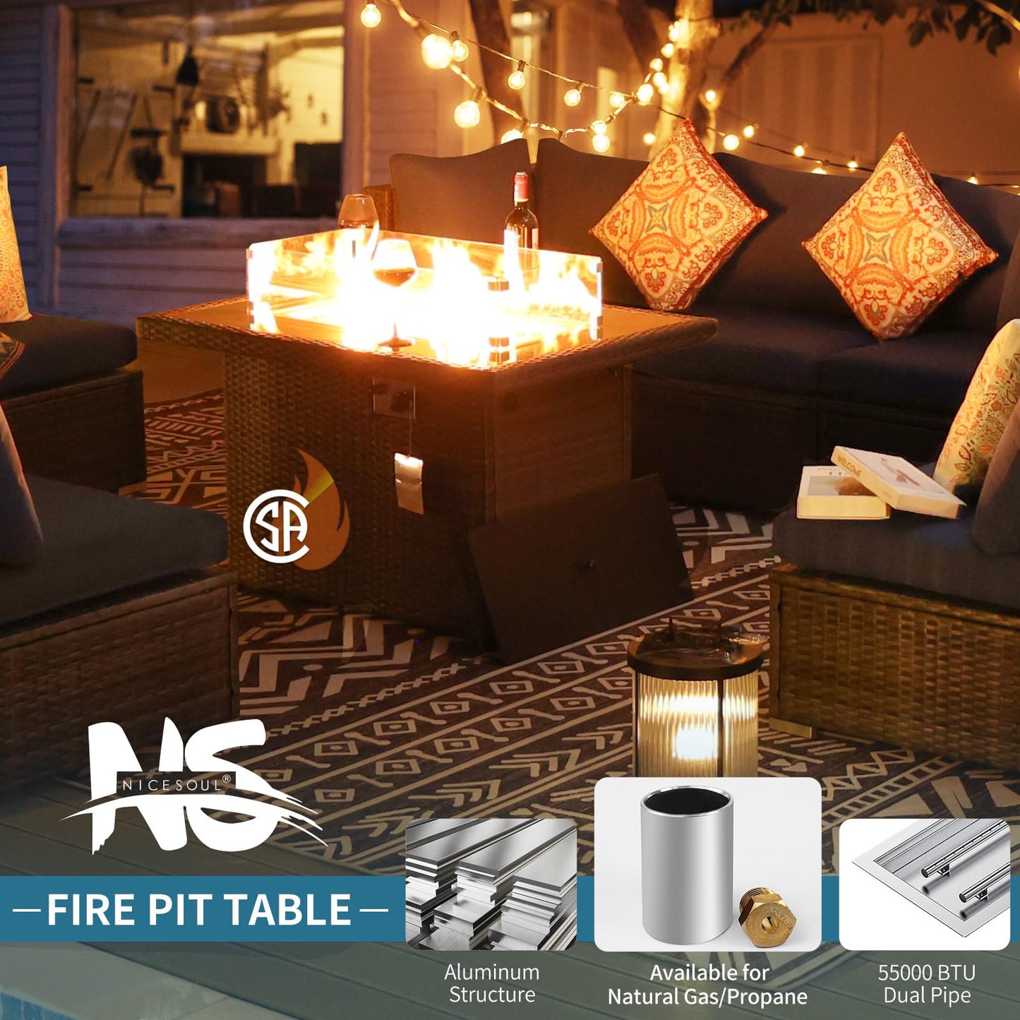 Ensemble de canapé de patio de luxe 13 pièces NICESOUL® avec table de foyer au gaz naturel/propane, ensemble de conversation d'extérieur à dossier haut de 29,3 po, canapé sectionnel extérieur en rotin PE, gris foncé 