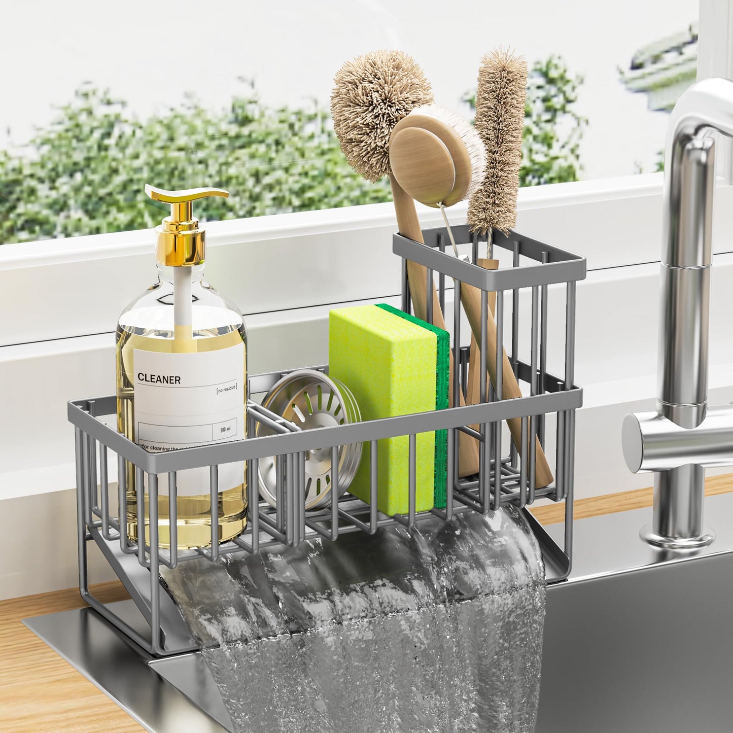 Kitchen Sink Caddy Organzier with High Brush Holder, Sponge Holder for Sink, 304 Rustproof Stainless, Kitchen Countertop Soap Dispenser Organizer, Kitchen Decor and Accessories