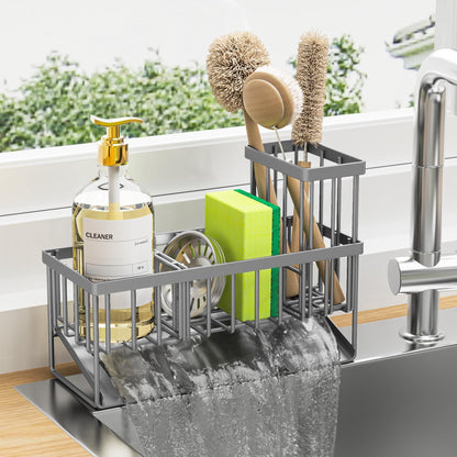 Kitchen Sink Caddy Organzier with High Brush Holder, Sponge Holder for Sink, 304 Rustproof Stainless, Kitchen Countertop Soap Dispenser Organizer, Kitchen Decor and Accessories