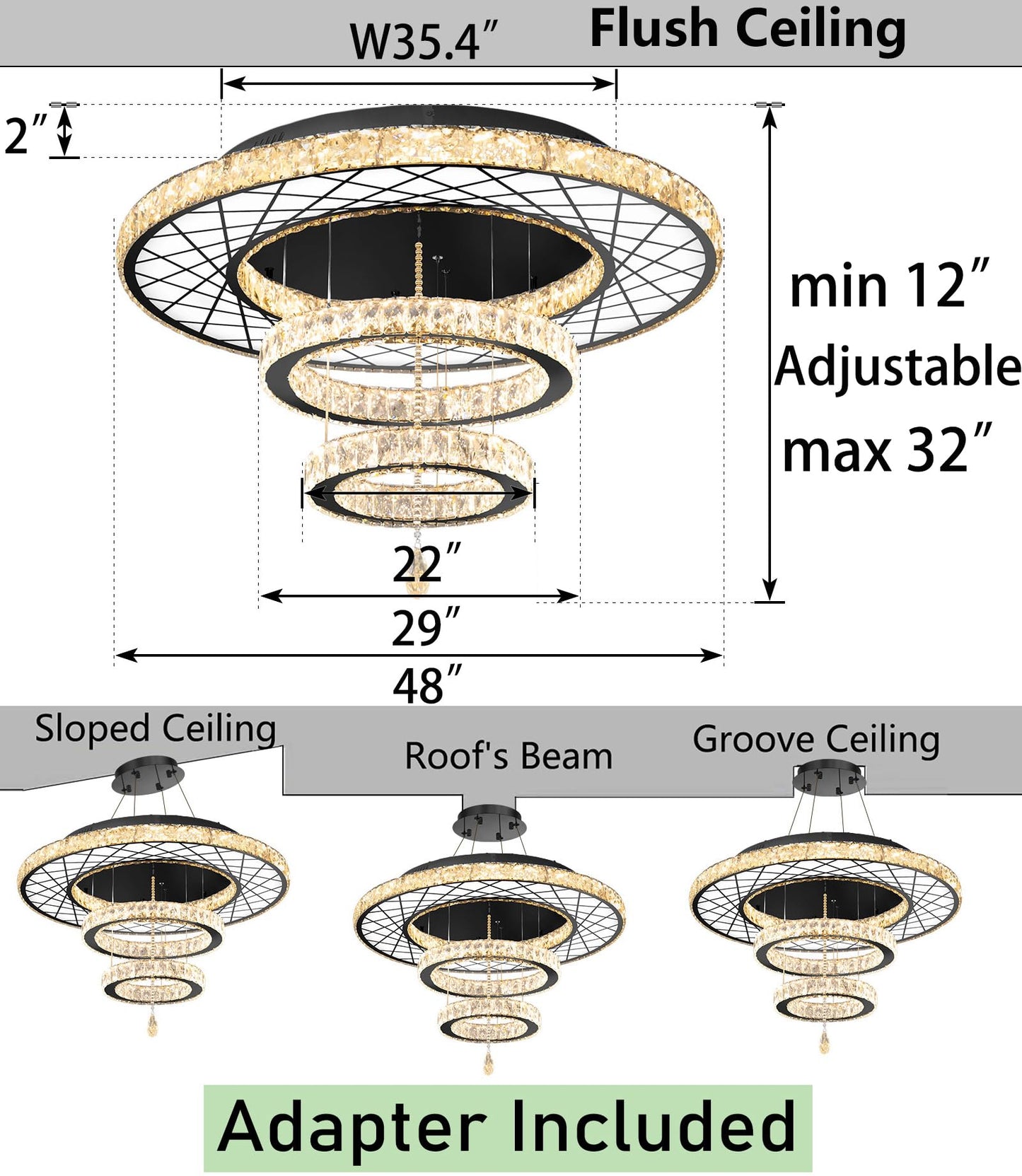 Modern Flush Ceiling Chandelier Bedroom Light Fixtures Crystal Flat Sloping Ceiling Lights for Hallway Kitchen Dining Room Dimmable Light with Remote Gold