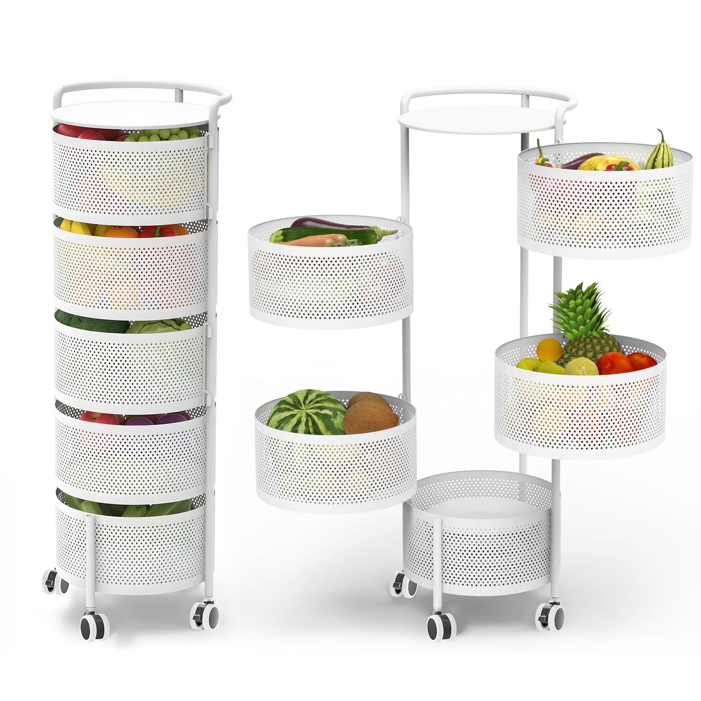 No Assembly Required Vegetable Storage Rack, 4-Tier Rotating Fruit Basket with Wheels, Heavy Duty Carbon Steel Kitchen Storage Cart