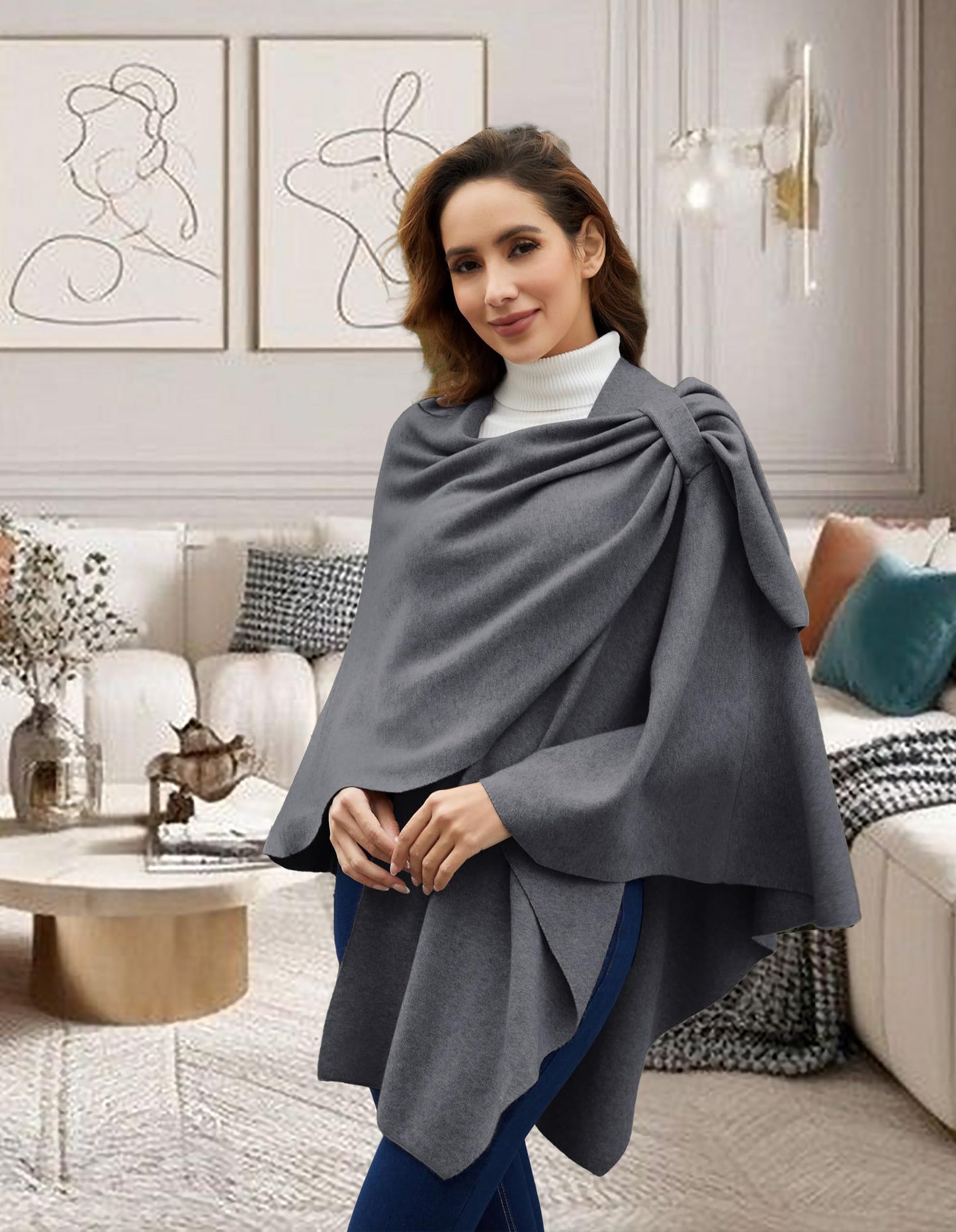 PULI Femmes Grand Poncho Croisé Sur Le Devant Pull Enveloppant Topper Tricoté Élégant Châles Cape pour l'Automne Hiver