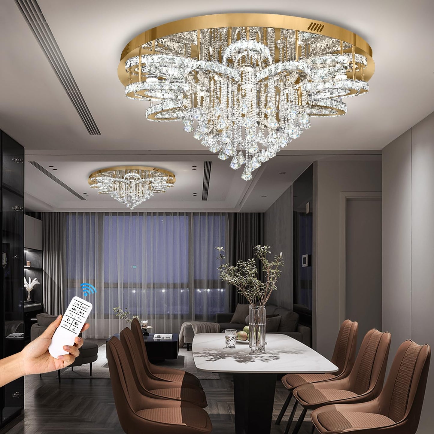 Flashing God W40 Modern Crystal Chandelier for Living Room Crystal Flush Mount LED Gold Ceiling Light Fixture for Foyer Dining Room Hallway Dimmable 2700k 4500k 6000k