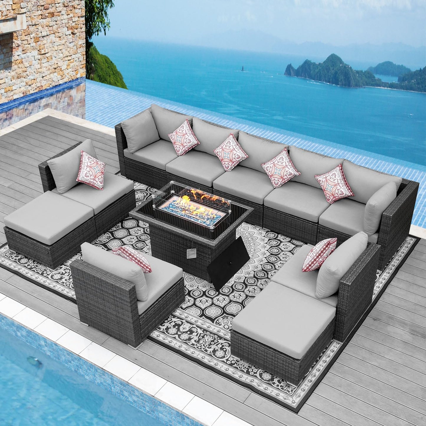 NICESOUL® 13-teiliges großes Luxus-Sofaset für die Terrasse mit Feuerstelle für Erdgas/Propan, 74 cm hohe Rückenlehne, Garten-Sitzgruppe, Gartensofa aus PE-Rattan, dunkelgrau 