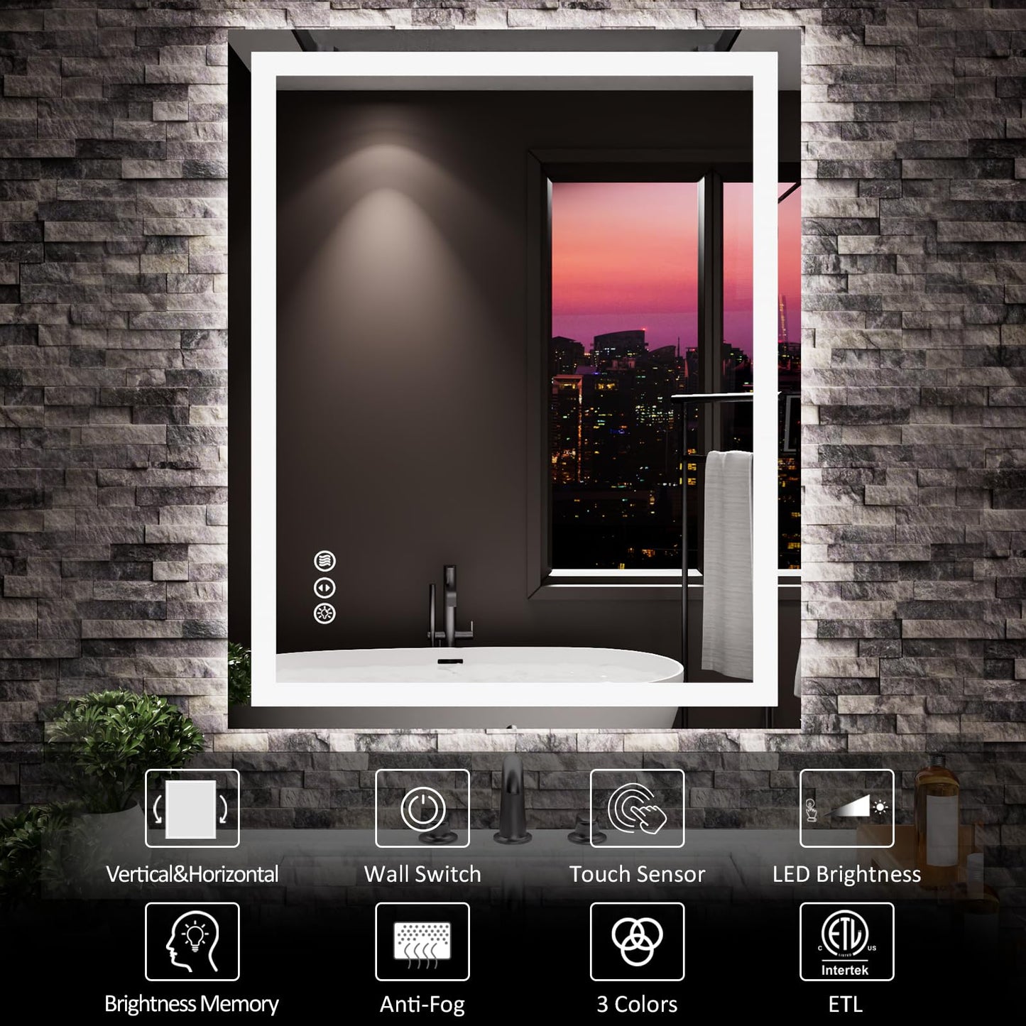 Amorho 20"x 28" LED Bathroom Mirror with Black Frame, Front Light and Backlit(Controlled Separately), Stepless Dimmable, Anti-Fog, Shatter-Proof, 3 Colors, Memory