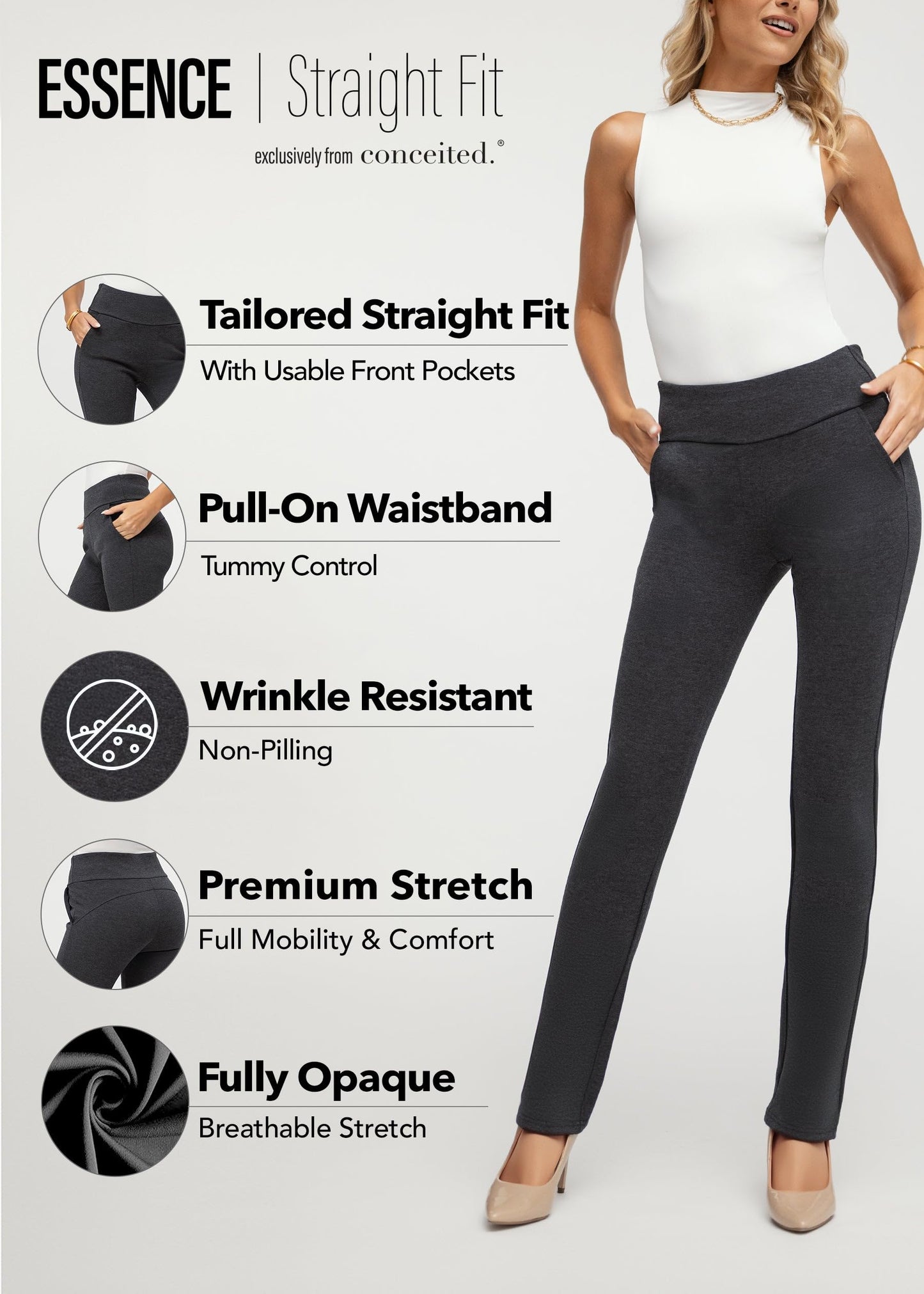 Conceited Dress Pants Women - Stretchy - Tummy Control - All Day Comfort Wear to Work - Womens Pants in Regular and Plus Size