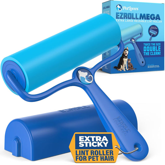 PetLovers 6.3" Mega EzRoll Reusable Lint Roller - Sticky for Life Multi-Purpose Pet Hair, Dust, & Lint Remover for Clothing, Upholstery, & Cars - Sustainable, Washable & Efficient