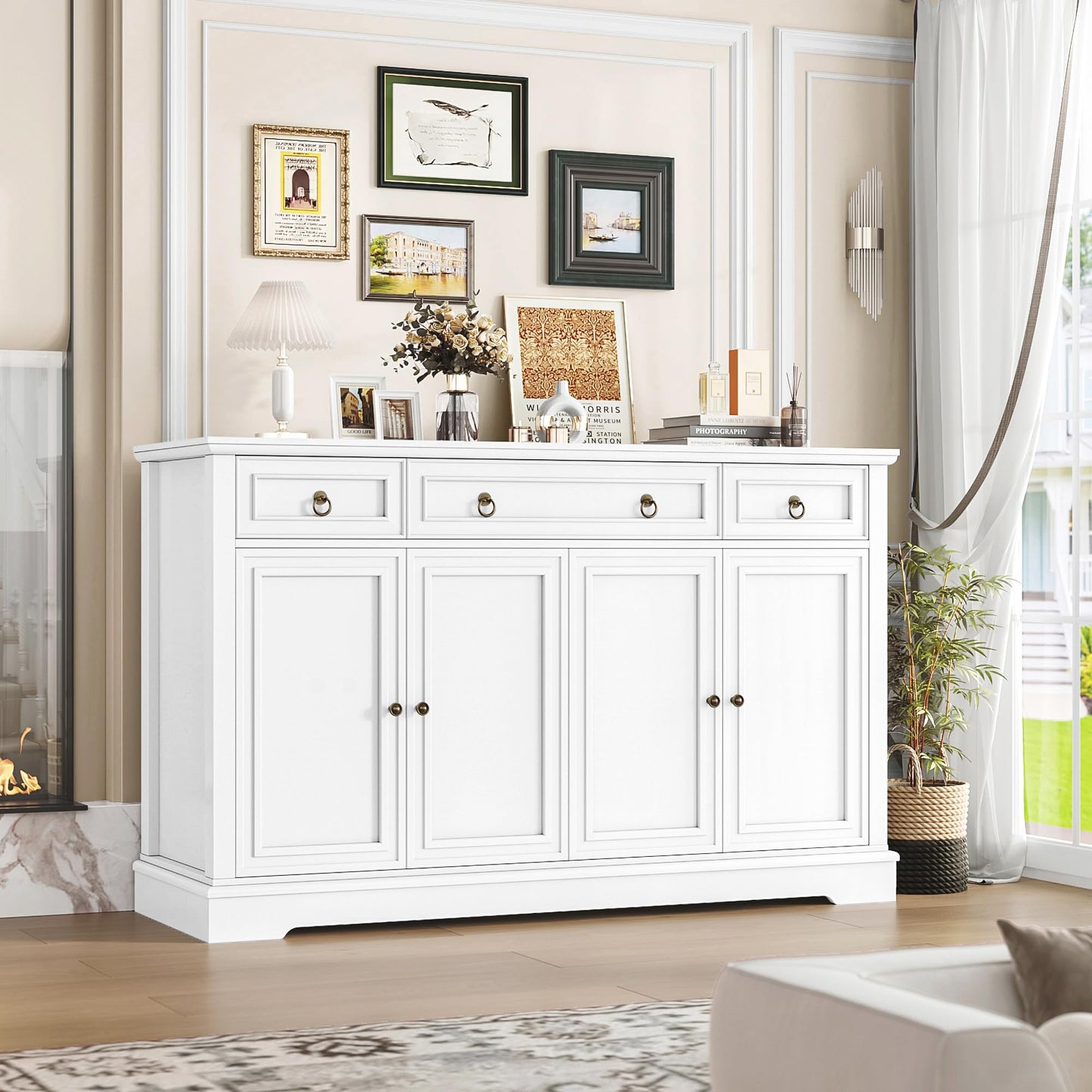 Buffet FINETONES avec rangement, grand buffet de 55,1 po, armoire de cuisine blanche avec 3 tiroirs et 4 portes, armoire de bar à café en bois pour cuisine et salle à manger, blanc 