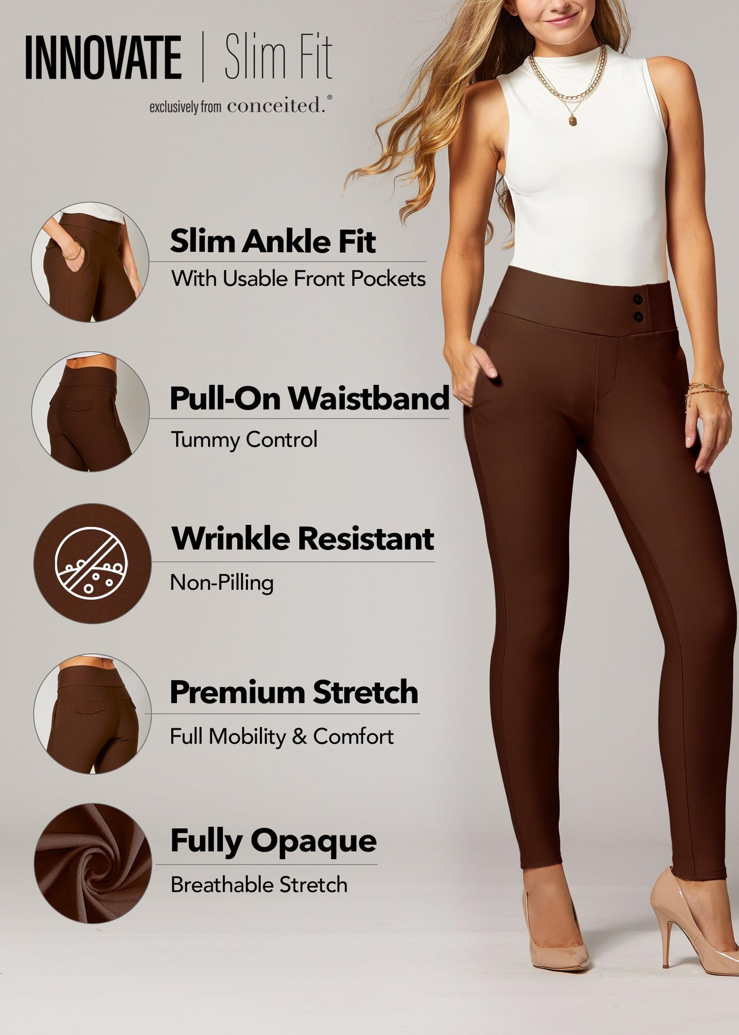 Conceited Dress Pants Women - Stretchy - Tummy Control - All Day Comfort Wear to Work - Womens Pants in Regular and Plus Size