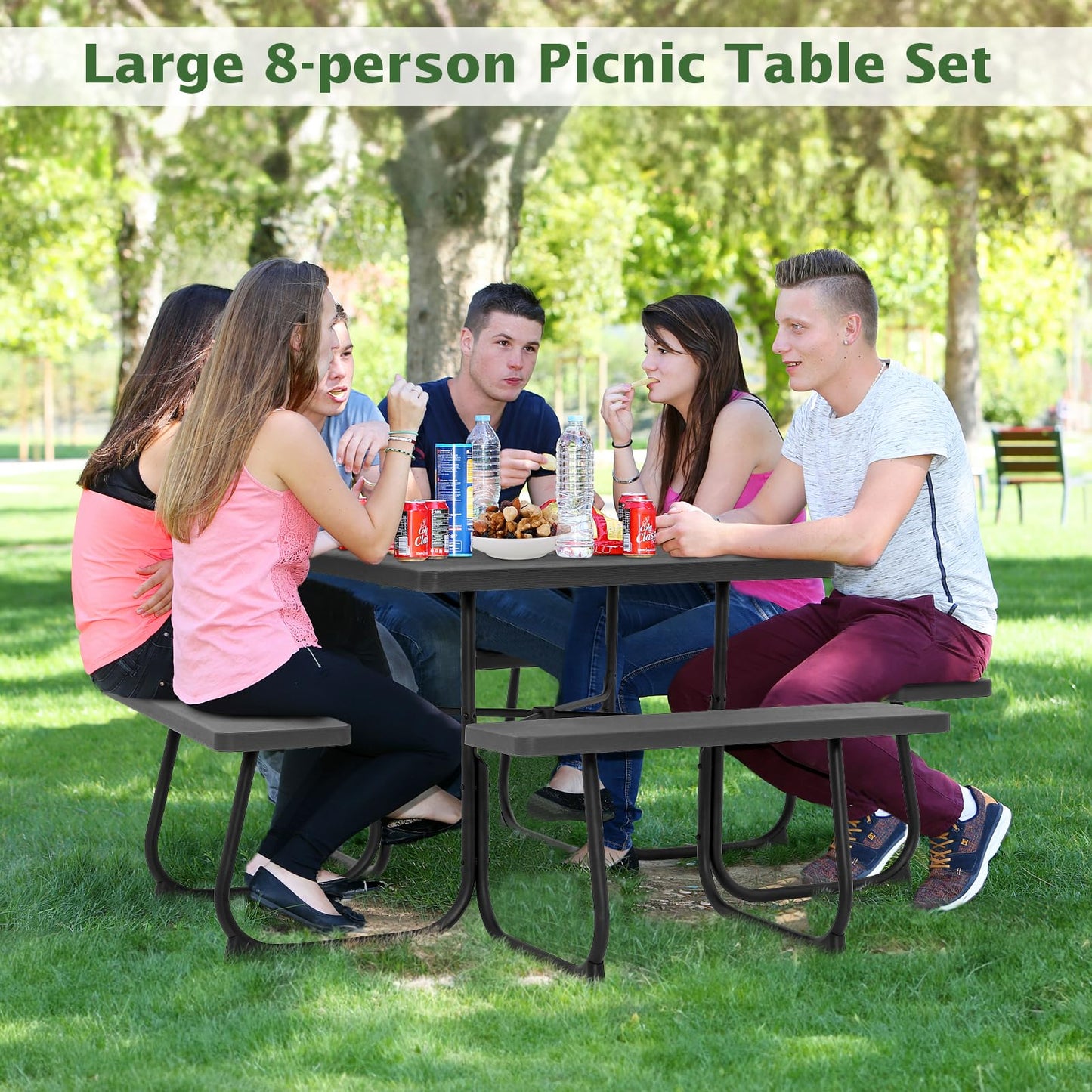 Giantex Picnic Table Set for 4-8 Persons, Outdoor Table and Bench Set with Umbrella Hole, HDPE Top & Metal Frame, 500LBS Capacity, Square Patio Table Bench Set for Deck Backyard Garden (White)