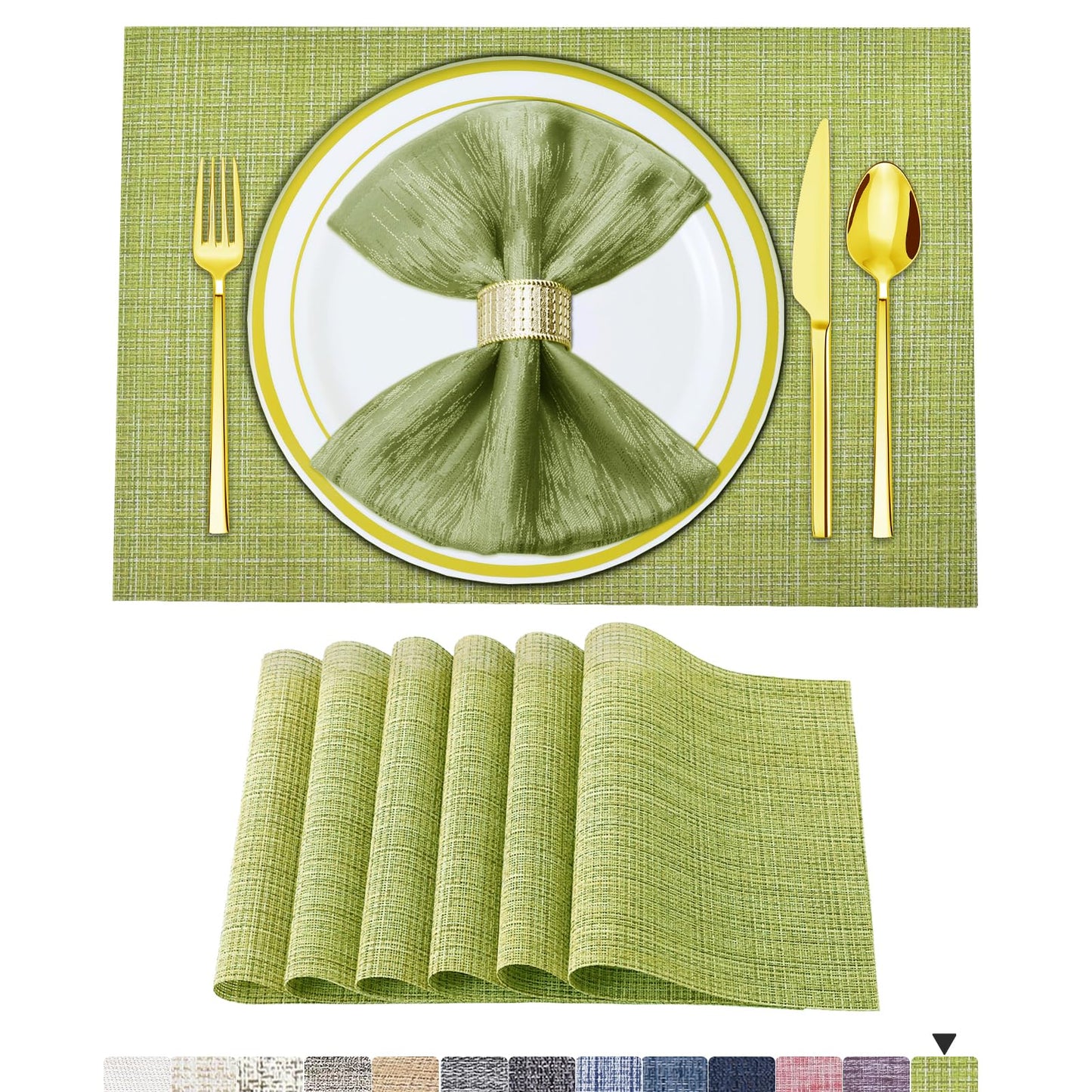 Set of 6 Placemats – Washable Woven Vinyl Table Mats for Dining, Kitchen, Indoor/Outdoor Use