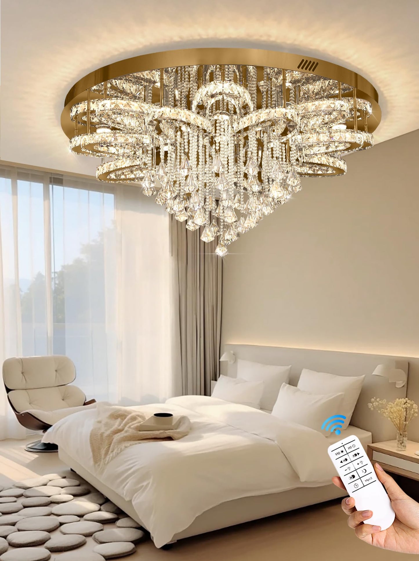 Flashing God W40 Modern Crystal Chandelier for Living Room Crystal Flush Mount LED Gold Ceiling Light Fixture for Foyer Dining Room Hallway Dimmable 2700k 4500k 6000k