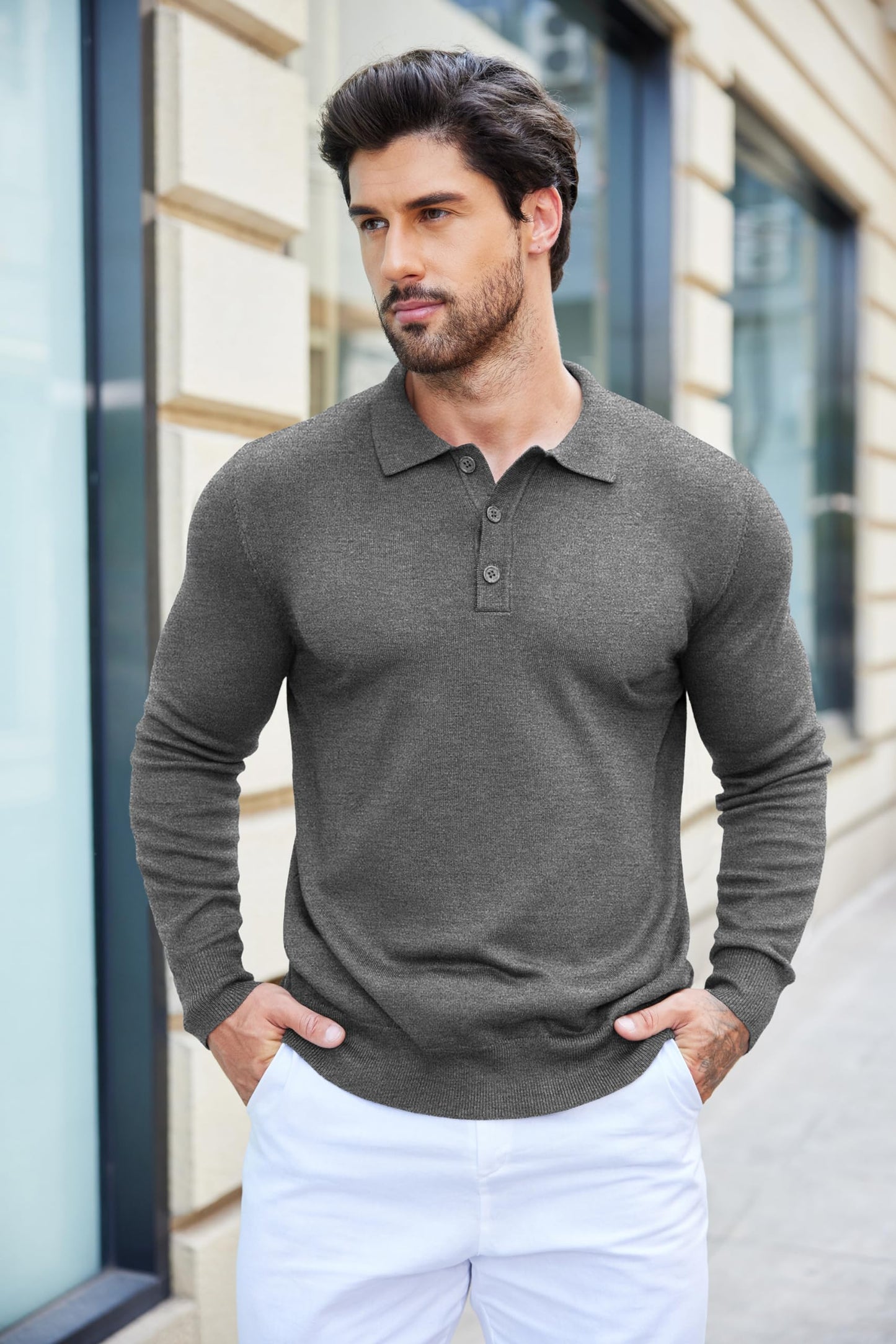 COOFANDY Mens Knit Polo Shirts Casual Long Sleeve Classic Polo Shirts Button Down Golf Shirts