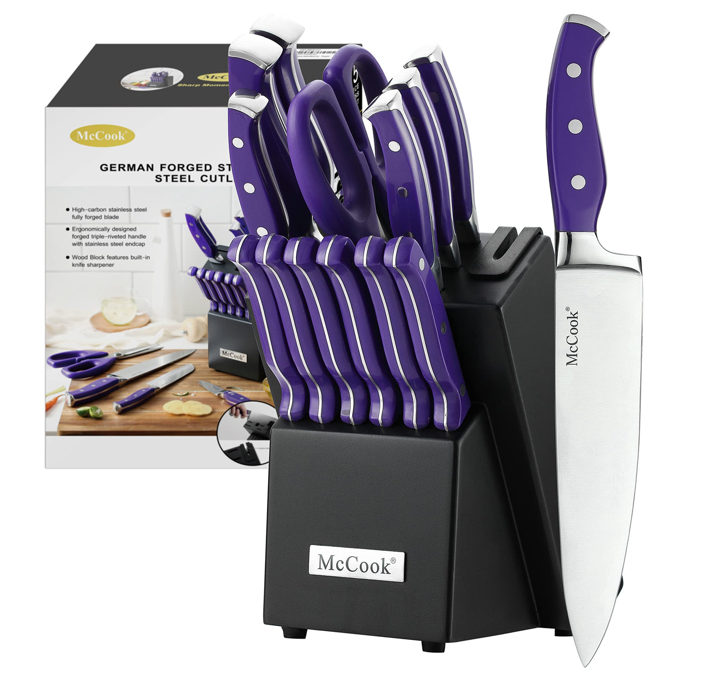 Ensemble de couteaux McCook®, ensemble de couteaux de cuisine en acier inoxydable allemand avec aiguiseur intégré 