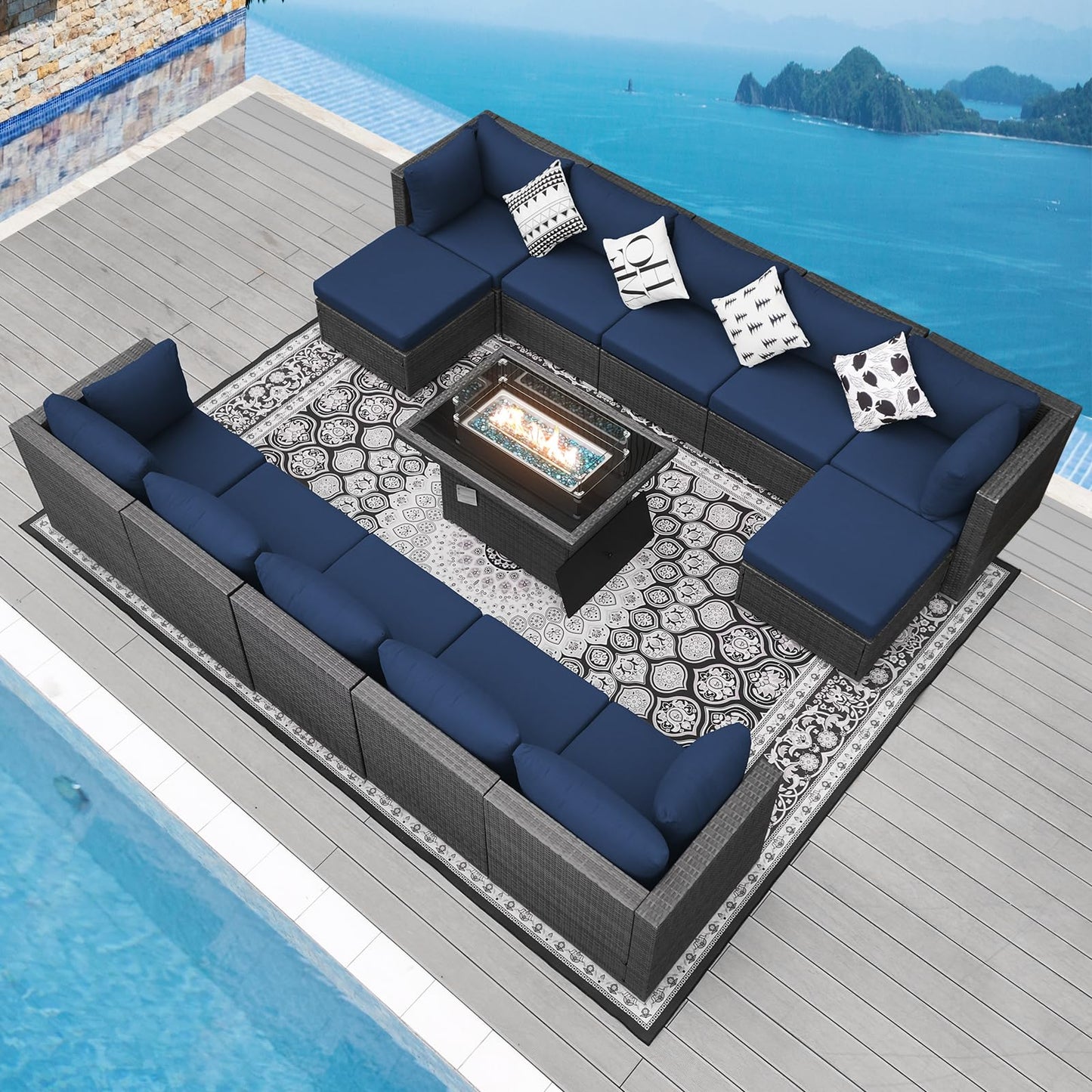 NICESOUL® 13 Piece Luxury Large Patio Furniture Sofa Set with Natural Gas/Propane Fire Pit Table, 29.3" High Back Outdoor Conversation Set, Outside PE Rattan Sectional Sofa, Dark Gray