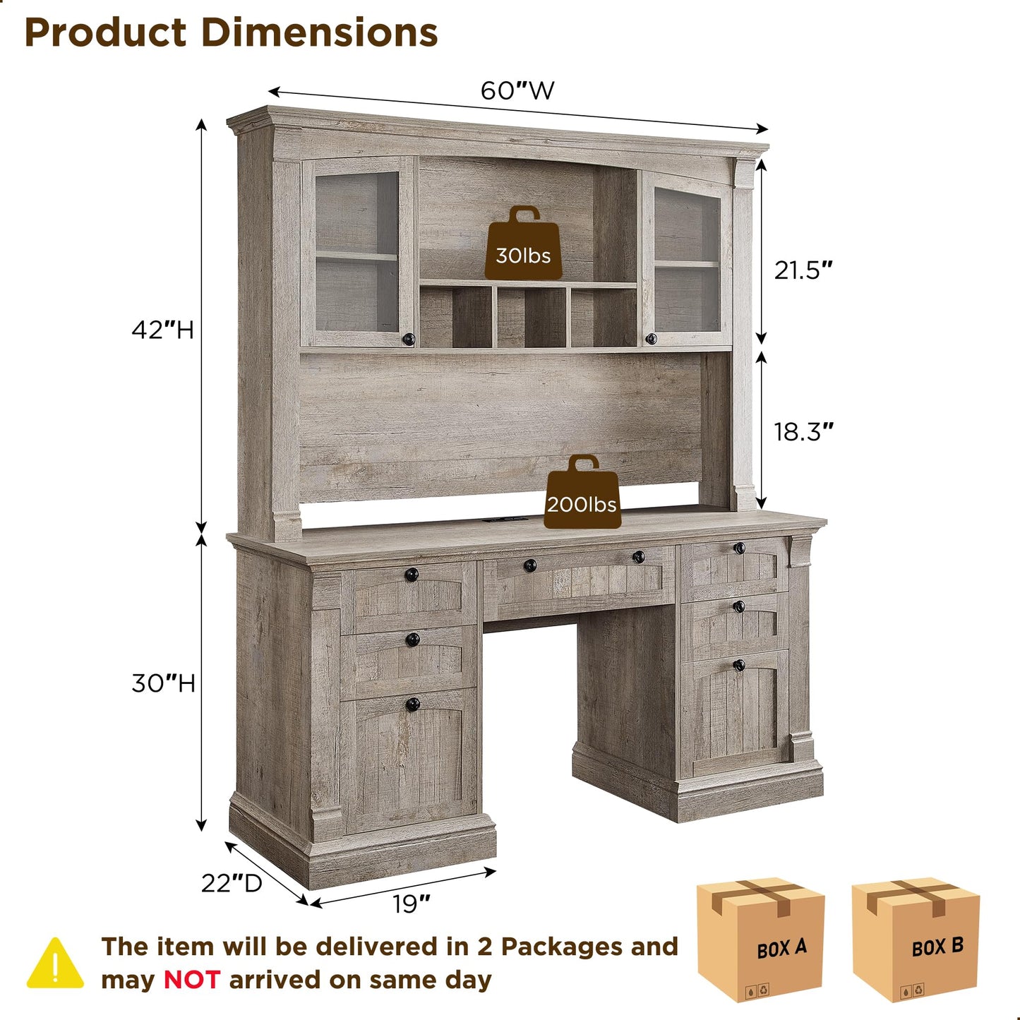 OKD 60" Executive Desk with Drawers, Farmhouse Home Office Desk with Charging Station, Keyboard Tray, File Cabinet Storage, Wood Computer Desk for Work and Study, Antique White