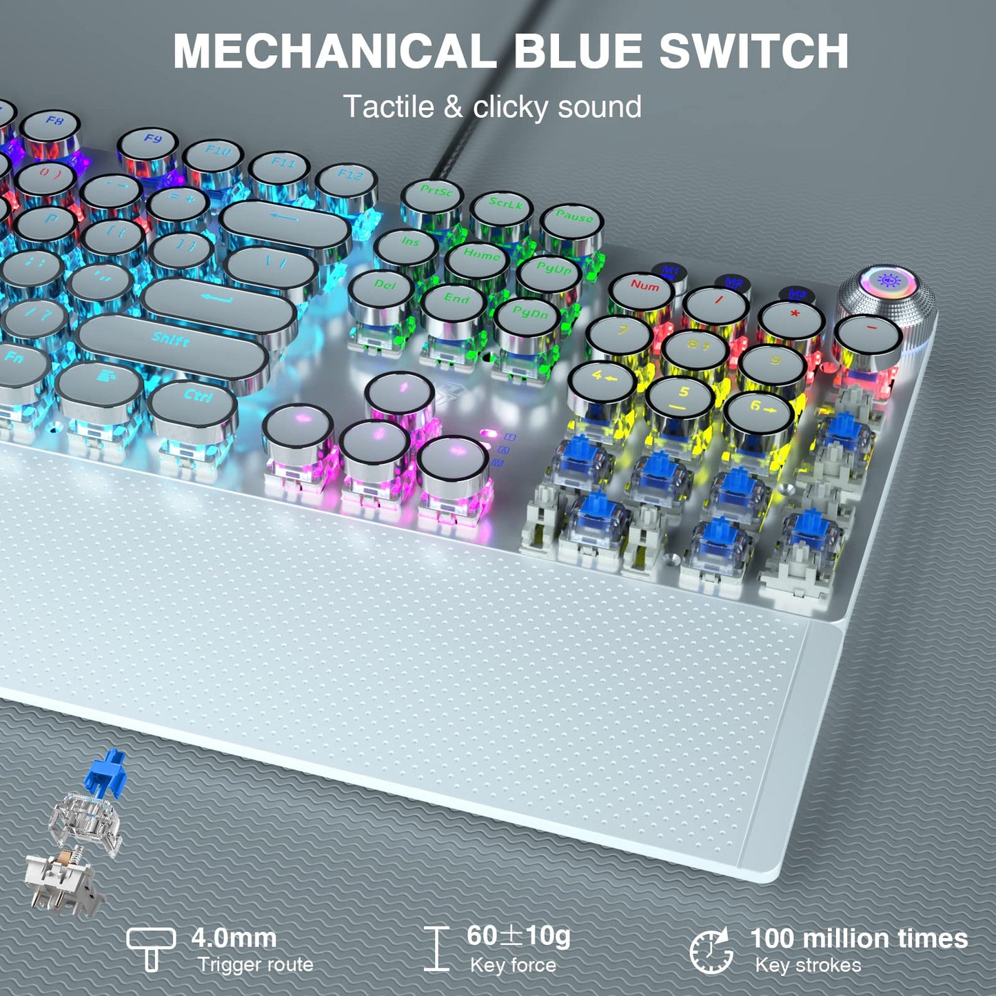 AULA F2088 Mechanical Gaming Keyboard – Blue Switches, Rainbow LED Backlit, Media Knob, Wrist Rest, Retro Typewriter Keycaps, USB Wired