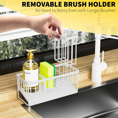 Kitchen Sink Caddy Organzier with High Brush Holder, Sponge Holder for Sink, 304 Rustproof Stainless, Kitchen Countertop Soap Dispenser Organizer, Kitchen Decor and Accessories