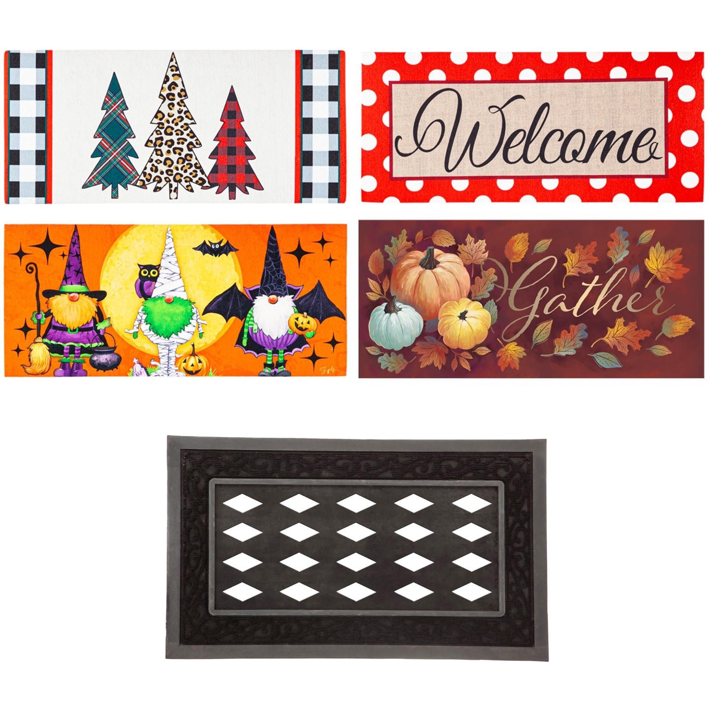 Evergreen Sassafras Bundle - Set of 5 Seasonal Interchangeable Entrance Doormats | Indoor and Outdoor |22-in x 10-in doormats and 28-in x 16-in Tray | Non-Slip Backing | Low Profile | Home Décor