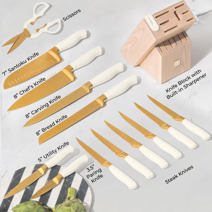 Copper Knife Set with Block - 14 PC Self Sharpening Knife Block Set