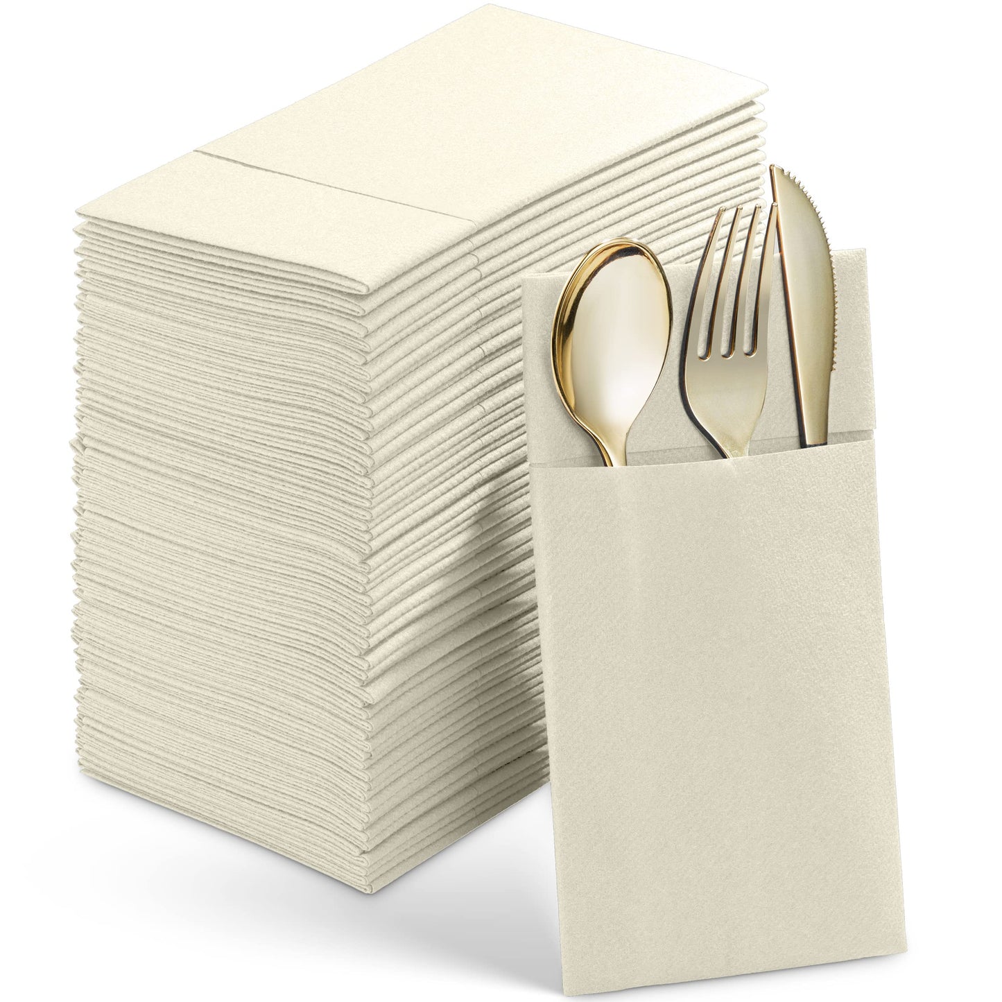 Disposable Linen-Feel Dinner Napkins With Built-in Flatware Pocket, 50-Pack WHITE Prefolded Cloth Like Paper Napkins For Wedding, Dinner Or Party