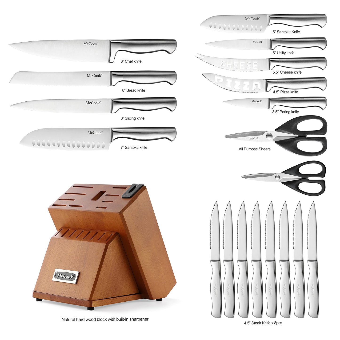 Ensemble de couteaux McCook®, ensemble de couteaux de cuisine en acier inoxydable allemand avec aiguiseur intégré 